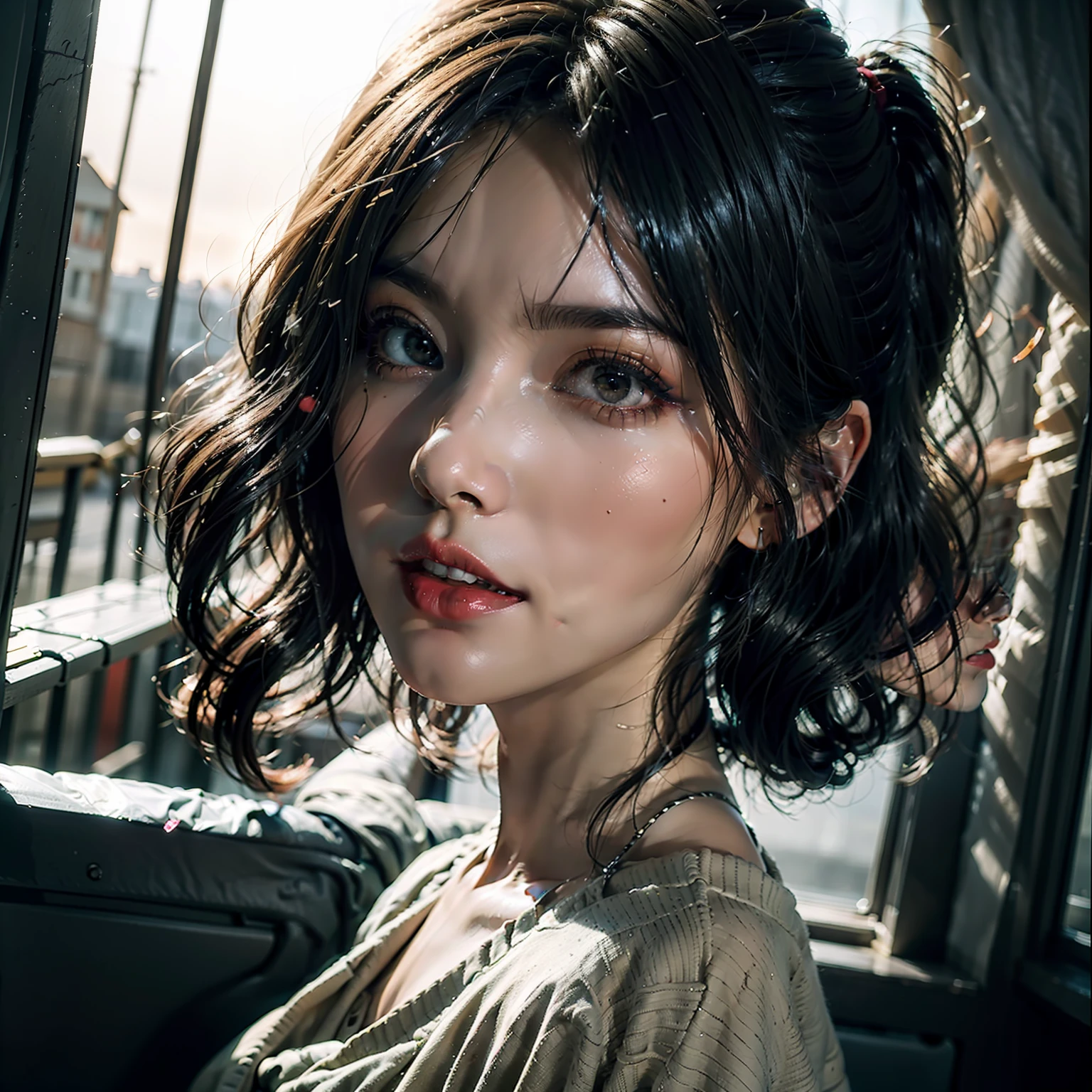 (masterpiece, best quality, ultra-detailed, best shadow), (detailed background, dark fantasy), (beautiful detailed face), high contrast, (best illumination, an extremely delicious and beautiful), ((cinematic light)), colorful , ultra-detailed, dramatic lighting, intricate details, (1 girl, solo, black hair, sharp face, low double ponytail, red eyes, hair between eyes, dynamic angles), blood splatter, character spinning around black light, depth of field, black light particles, (broken glass), magic circle,