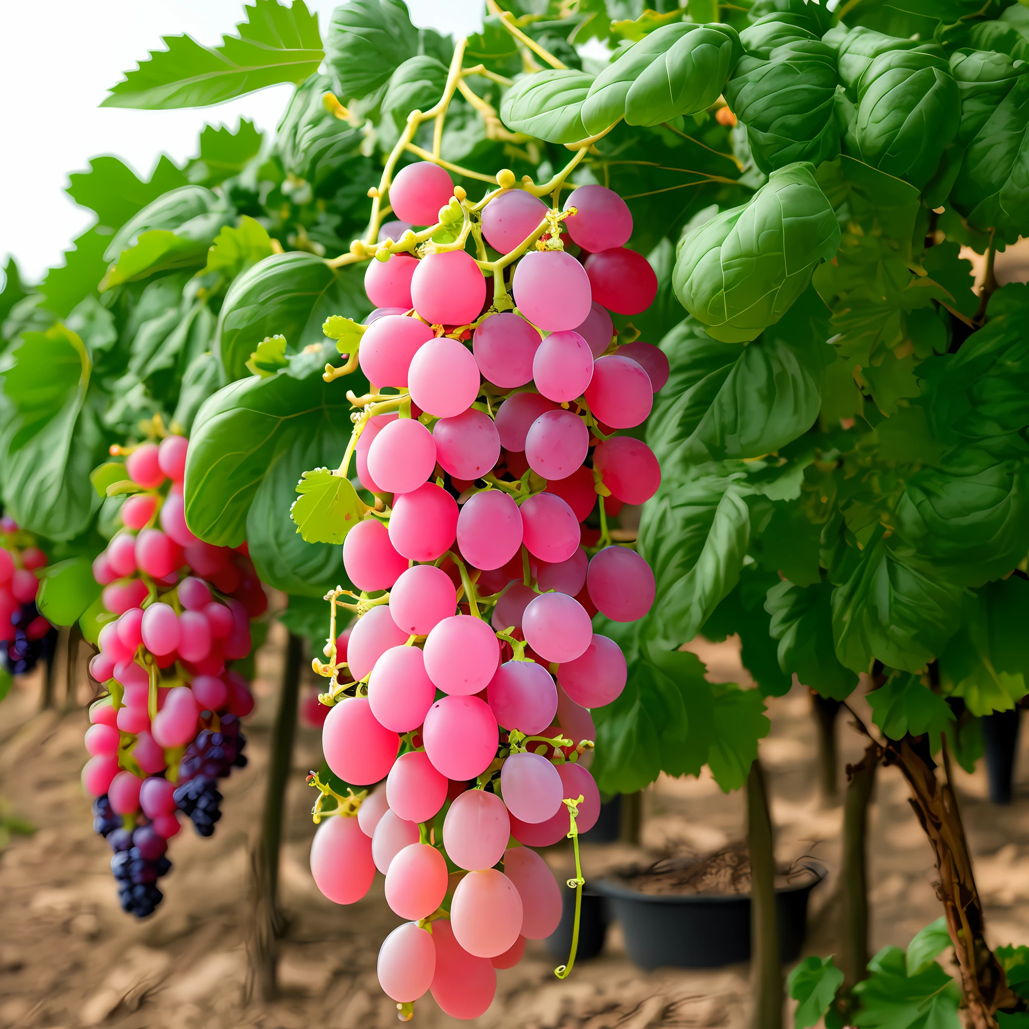 Many bunches of pink grapes hang from the vines, plumbus, translucent grapes, Tomatoes hanging from branches, grapes, grapes, Basil Gogos, raspberry, hydroponic farms, gardening, High quality photos, Close-up of translucent grapes, high definition detail,16K HD footage is!!! plum!!!,Harvest, Aubergine，HD8K，Ultra-detailed section。Fresh fruit，watery