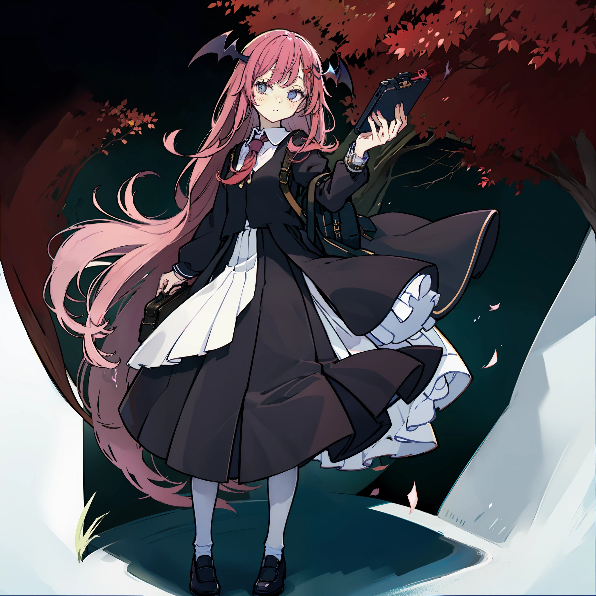 Portrayal of a long-haired young woman holding a briefcase, One girl, Solo, Small Devil, School uniform, Just flat, Skirt, shoes, White uniform, White sailor suit, Blue skirt and socks, mary janes, School Background, alternate costume, Long sleeves, Pink hair, Full body, Looking at Viewer, Long hair, Medium chest、Black bat wings on head