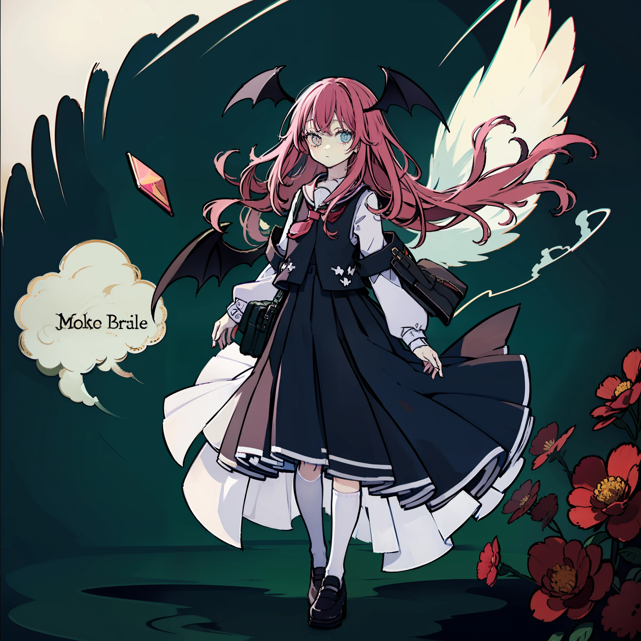 Portrayal of a long-haired young woman holding a briefcase, One girl, Solo, Small Devil, School uniform, Just flat, Skirt, shoes, White uniform, White sailor suit, Blue skirt and socks, mary janes, School Background, alternate costume, Long sleeves, Pink hair, Full body, Looking at Viewer, Long hair, Medium chest、Black bat wings on head