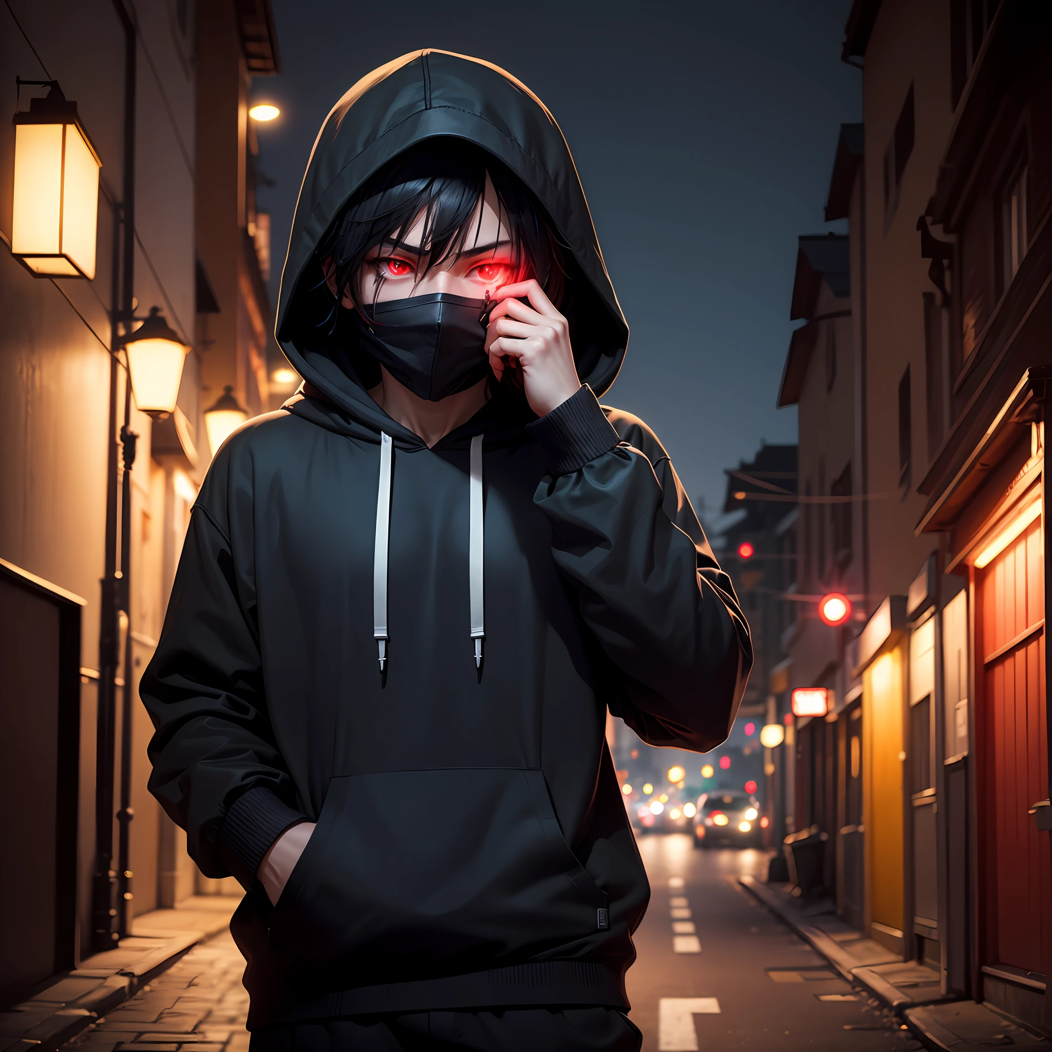 1 male、realisticlying、Cover your face with a hoodie、Glowing red eyes、Dimly lit night road、Blades with blood on them、 --auto