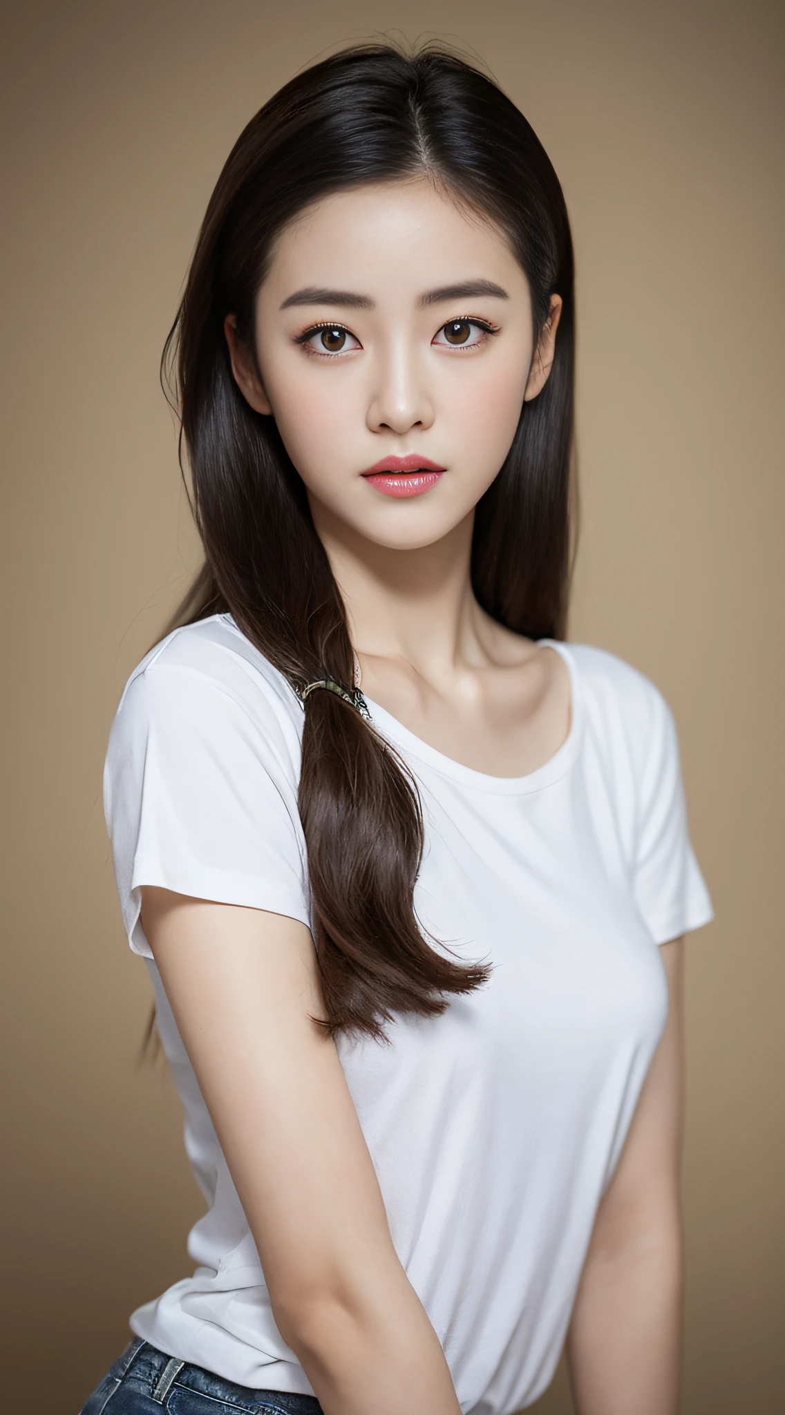 A woman in a white T-shirt and skinny jeans,A photograph inspired by Ma Yuanyu,Tumblr,hentail realism,dilraba dilmurat,beautiful Korean women,Korean girls,cute korean actress,Beautiful Korean young woman,gorgeous korean young woman,Young and cute Korean face,Kim Young-hin,ruan jia beautiful!,Korean female fashion model