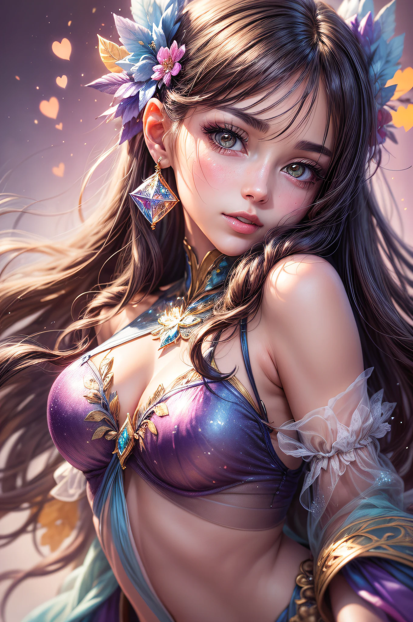 Beautiful girl story wrapped in love, Beautiful eye details, A captivating anime girl gracefully emerges from the pages of a watercolor painting, Her vivid and complex colors are, Bring your artwork to life, (see-through transparent clothes, transparent costume:1.5), She dons an extraordinary fantasy costume adorned with delicate details, reflecting the enchanting world she inhabits, Luminescent elements, like glowing crystals and ethereal wisps, surround her, casting a soft, otherworldly glow,  The style of watercolor painting is、Imbues the image with a sense of fluidity and delicacy, as if the colors are effortlessly blending and bleeding into one another, Camera shot: medium shot, Soft Focus, luminescent glow　Lighting, watercolor brushstrokes, Sophisticated and very delicate anime illustration, unique colors, Portrait of an anime girl, infinite love, rainbow-colored,  beautiful girl illuminated by seven colors of light,
