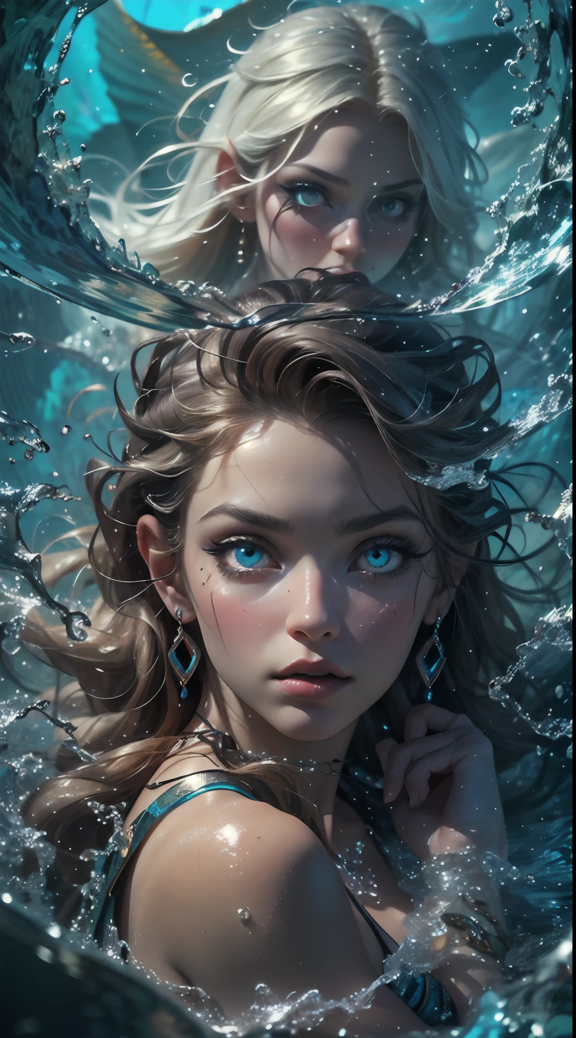 Generate an enthralling mythological (petite) siren sitting partially atop a mound of iridescent rocks. She sits in the midst of a dynamic and compelling tempest sea with shimmering, roiling water in varying shades of blue and teal foaming above and around her. ((Her incredibly unconventional face is extremely detailed with puffy lips and stunning eyes, and she is staring intently at something.)) Her eyes are the most important part of the face, and they are extremely realistic with hires detailing, beautiful detailing, and multiple colors. Include hires eyes, beautiful detail eyes, beautiful detailed eyes, 8k eyes, bright eyes, detailed eyes, perfect eyes, and colorful eyes. Her eyes should be very clearly defined, with distinct iris and pupil. This is an extremely detailed and visually interesting image with an intricate fantasy background. The siren's hair billows in the wind as the water crashes around her. Include many mythological details and high fantasy elements. (The siren has a highly detailed mermaid tale shimmering beneath the water.) She is singing alluringly, tempting all who view the artwork towards unwitting doom. It is a symphony that weaves a hypnotic spell, where passion and danger intermingle in an intoxicating embrace. Utilize dynamic composition to craft the perfect artwork of breathtaking adventure and romance. Camera: utilize dynamic composition to enhance fantasy elements. (masterpiece:1.1), (best quality:1.1), (anatomically correct:1.1), (perfect arms:1.1), ((detailed face:1.3)), (detailed skin), (perfect eyes), (perfect nose), (realistic), octane render, sharp focus, (8k), (4k), (Masterpiece), (Best Quality), ((huge lips:1.3)), ((ornate))