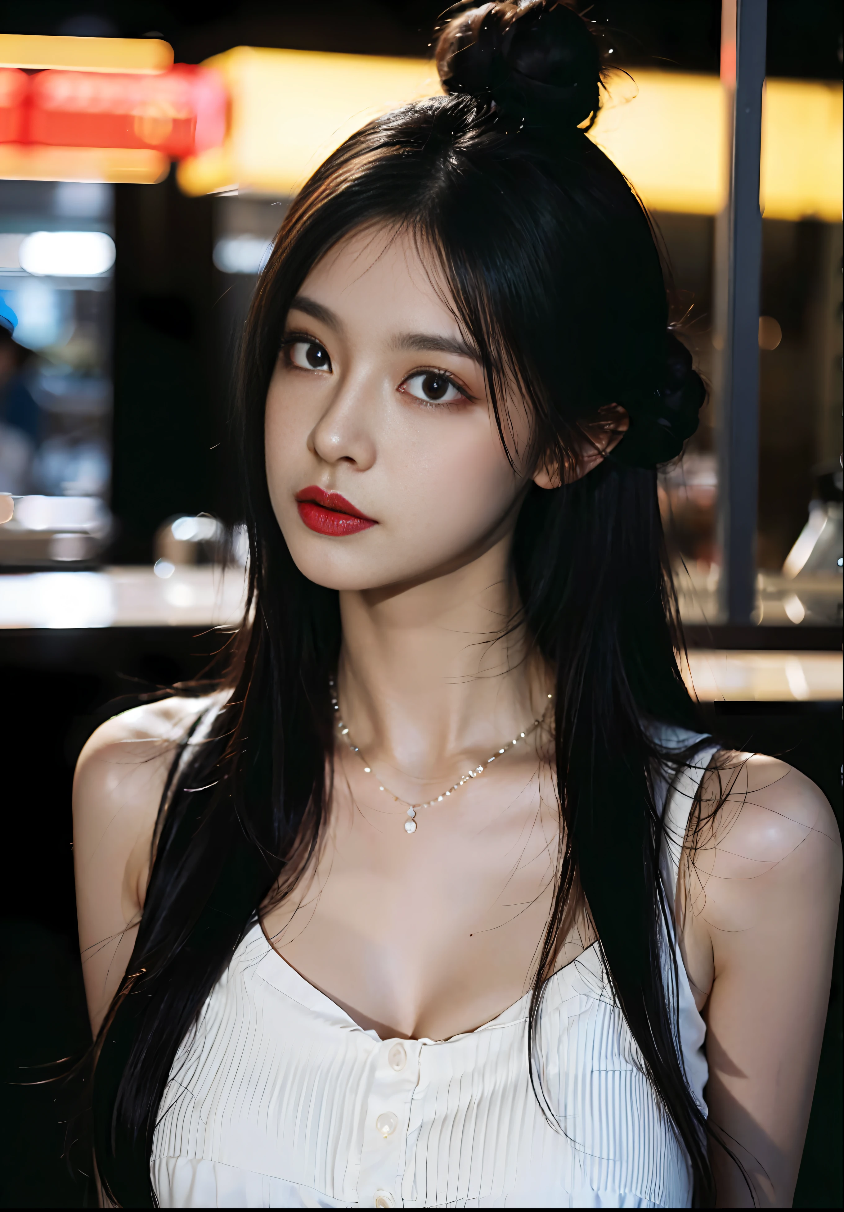8k, RAW photo, best quality, masterpiece, high detail RAW color photo, professional photograph, (realistic, photorealistic:1.37), (high detailed skin:1.2), high resolution, beautiful detailed eyes, (hard focus:1.4), (sharp focus:1.4), photoreaslistic , (8K UHD:1.2) , no make-up , distinct image High quality shadow , (amazing awesome exquisitely extremely finely hyper intricate super ultimate ultra wonderful detailed:1.4), (((torso))), pov, (((depth of field))), bokeh, lens flare, (vignette:0.8), dramatic lighting, cinematic lighting, back light, professional lighting, physically-based rendering, (Huge breasts:1.4) masterpiece, best quality, 1girl, solo, voxel art, convenience store, white girl, vermilion hair, green eyes, big hair, triple bun, pleated dress, trim dress, ribbon, Skull Hair Ornament , Opera-length necklaces, Arm belts, classic, medieval, noble ulzzang-6500 pureerosface_v1