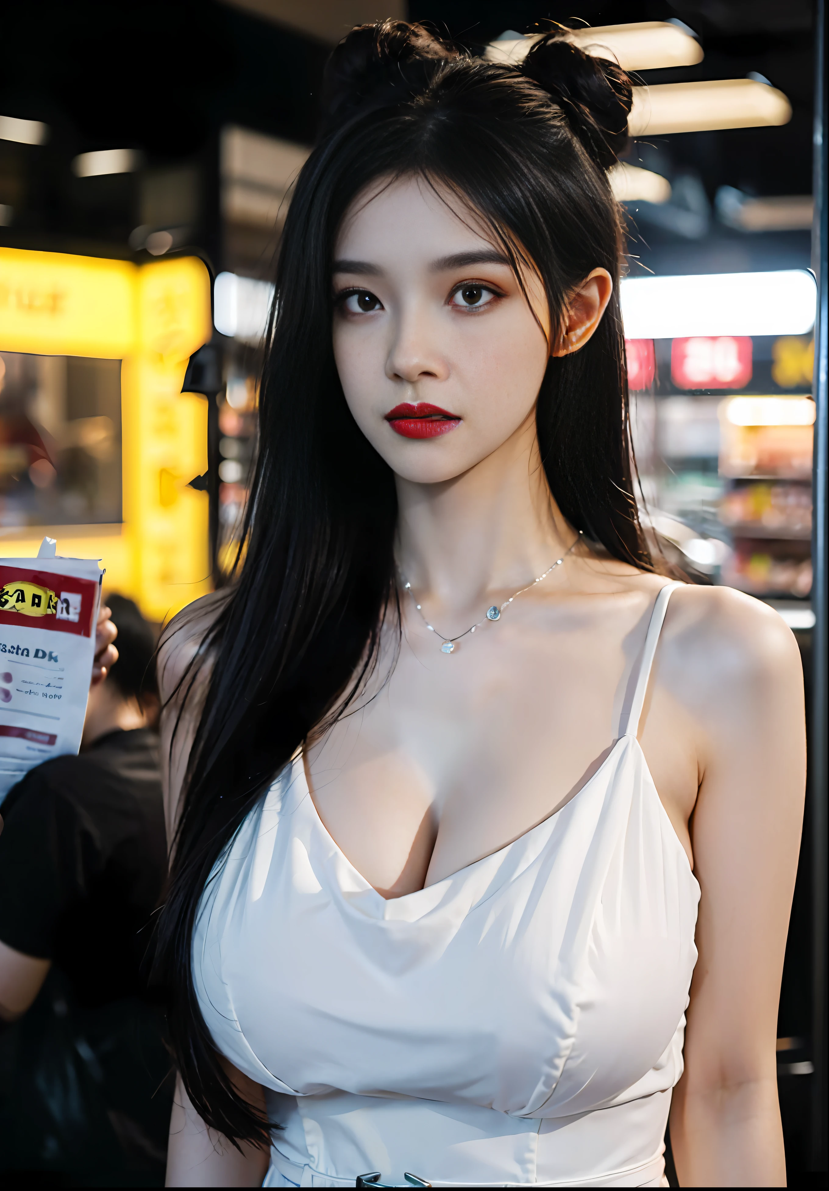 8k, RAW photo, best quality, masterpiece, high detail RAW color photo, professional photograph, (realistic, photorealistic:1.37), (high detailed skin:1.2), high resolution, beautiful detailed eyes, (hard focus:1.4), (sharp focus:1.4), photoreaslistic , (8K UHD:1.2) , no make-up , distinct image High quality shadow , (amazing awesome exquisitely extremely finely hyper intricate super ultimate ultra wonderful detailed:1.4), (((torso))), pov, (((depth of field))), bokeh, lens flare, (vignette:0.8), dramatic lighting, cinematic lighting, back light, professional lighting, physically-based rendering, (Huge breasts:1.4) masterpiece, best quality, 1girl, solo, voxel art, convenience store, white girl, vermilion hair, green eyes, big hair, triple bun, pleated dress, trim dress, ribbon, Skull Hair Ornament , Opera-length necklaces, Arm belts, classic, medieval, noble ulzzang-6500 pureerosface_v1
