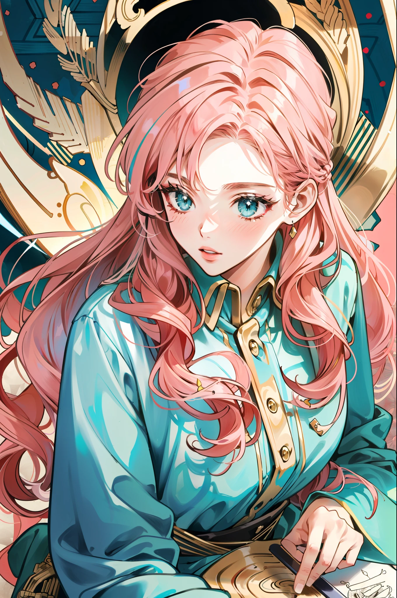 ((masterpiece:1.2, best quality)), ultra detailed, Ultra-precise depiction, Ultra-detailed depiction, (zentangle:1.2), (dynamic pose), (abstract background:1.5), wavy long hair, pink hair, 1girl, colorful, portrait, (from above:1.2)