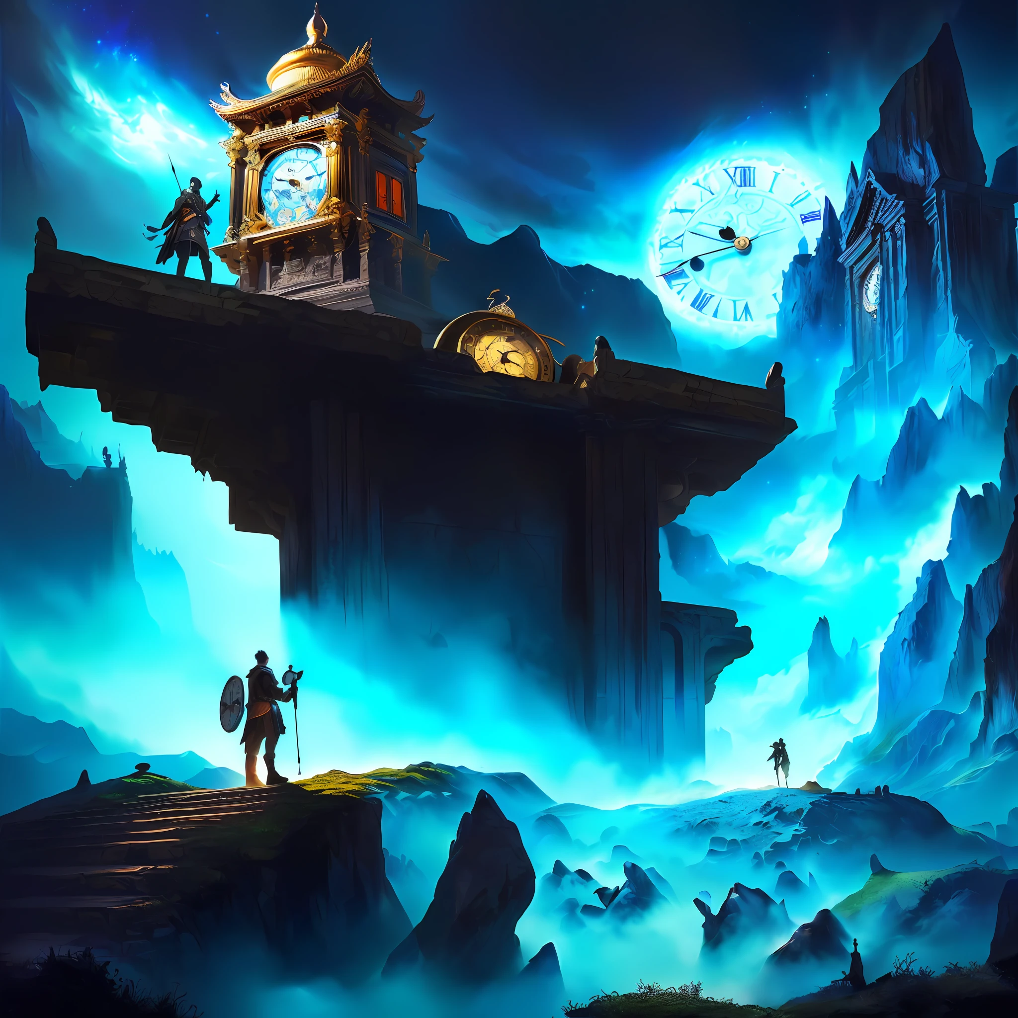 There was a man holding a clock through the dark abyss,The ancient temple of knowledge is on the mountain ,There are murals all around ,Detailed digital 2D fantasy art, Symmetrical epic fantasy art, Digital 2D fantasy art, epic fantasy sci fi illustration, Fantasy art Behance