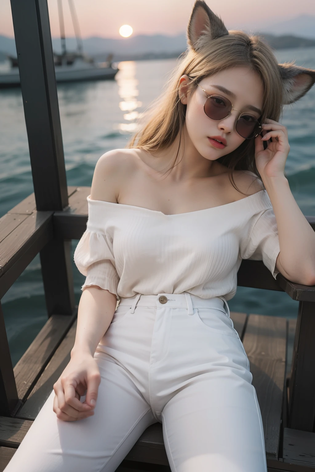 best quality, (masterpiece:1.4), (photorealistic:1.4), detailed eyes, detailed face, detailed hair, 1girl, full body, face, white skin, brown eyes, pink lips, off-shoulder white shirt, white pants, boats shoes, (medium breast:1.1), photo model, at sea, shark around, sunset, clear sunglasses, raised eyebrows, Social realism, white hair, tongue out, deer ears, half-closed eyes, hairpods, backlighting, seating chart, sideways, Canon, 135mm, award winning, 8k