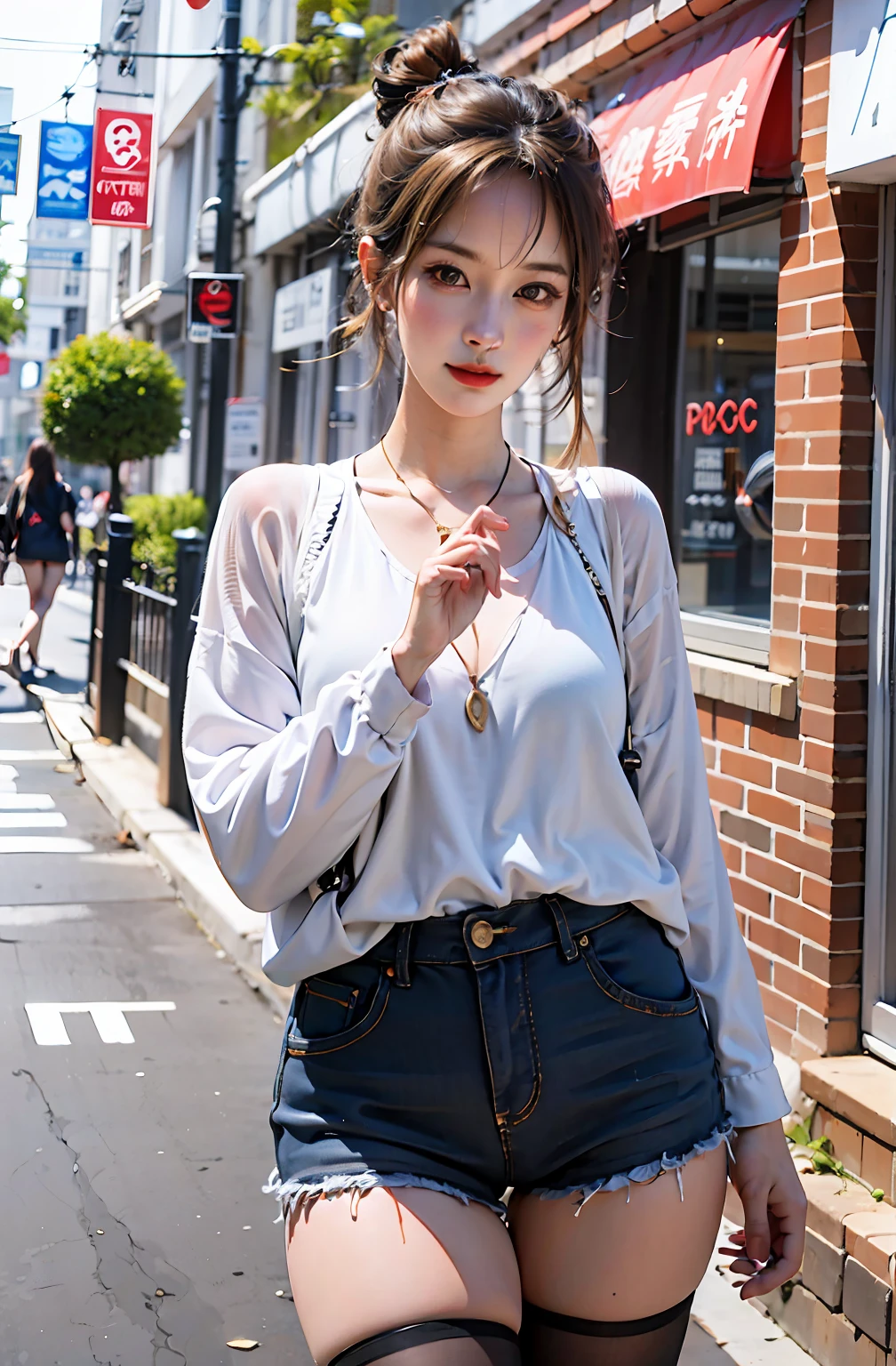 1womanl，in her 20s，tmasterpiece，highest  quality，Futao（genshin impact），Butau，pony tails，brunette color hair，独奏，symbol pupil，long whitr hair，finger heart，By bangs，Black  shorts，（highly detailed CG Unity 8k wallpapers），（tmasterpiece），（top Quority），（ultra-detailliert），（Most Best Illustration），（best shadow），（Realistis：1.4），1 girl on the street，Kpop idol，（whaite hair：1.1），鎖骨，（middle  breasts： 1.3）、peeping at the viewer，ssmile，full bodyesbian，（Lataxis clothes，Lataxus stockings，softl smile，Smooth texture of clothes），