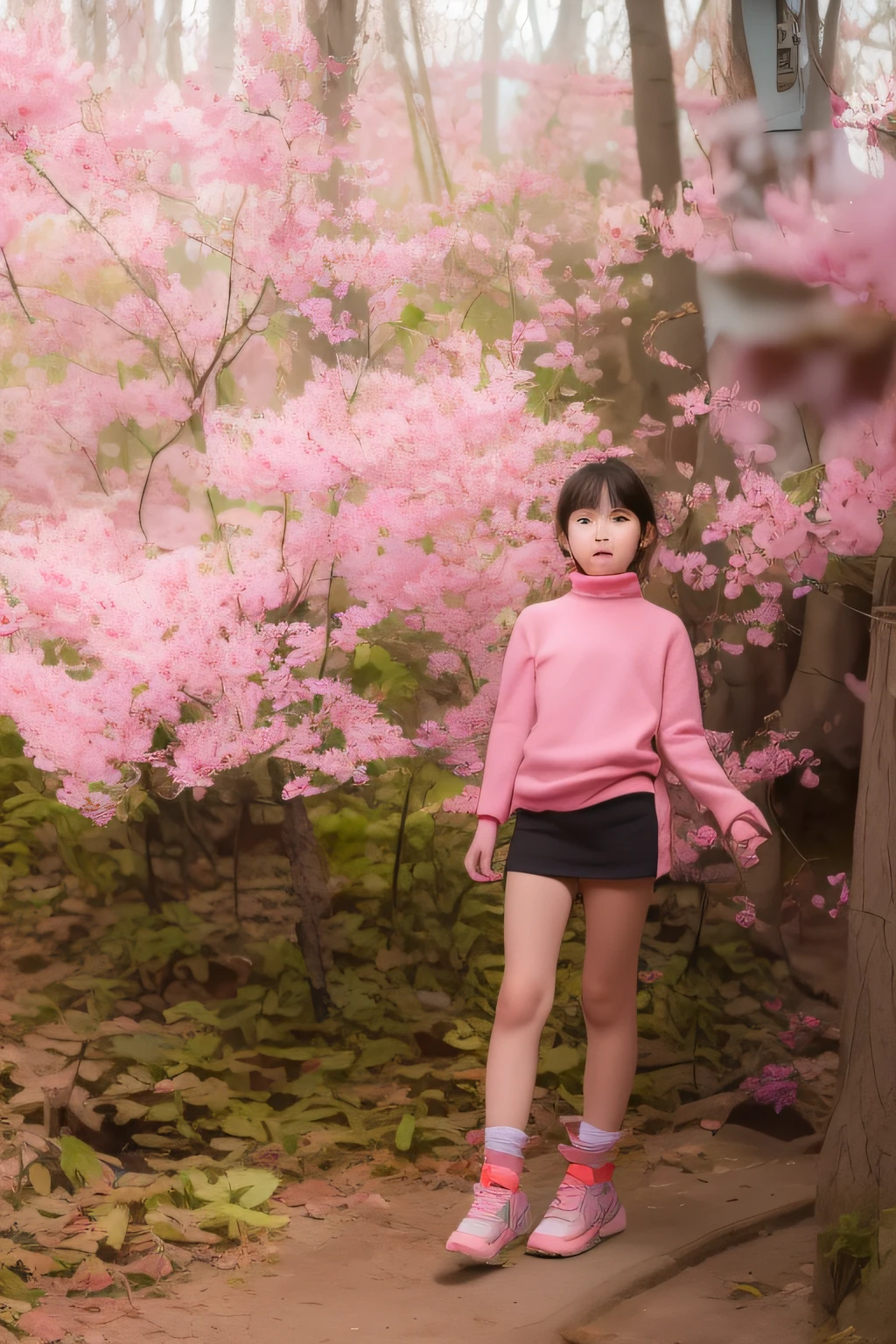 There was a little girl standing next to a tree in the woods, in pink forest, under a sakura tree, girl walking in forest, Standing in the forest, Girl in flowers, standing in the forrest, sakura season, ancient garden behind her, spring evening, clubs, standing in forest, jaeyeon nam, girl walking in a canyon, jinyiwei --auto