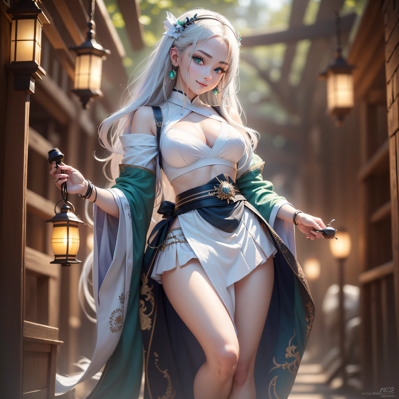 There is a girl in a green dress, plum blossoms, palaces, oriental architecture ray tracing, {best quality}, {{masterpiece}}, extremely detailed 8K wallpaper, {an extremely delicate and beautiful}, colorful, intricately detailed, Realistic, real, camera quality, (detailed depiction of clothes), cool white skin, (detailed depiction of blush), 1080p, sun, soft cuteness, smooth light silver hair, messy beauty, lighting, broken feeling, bright and silky skin , 3D stereoscopic, masterpiece, best quality, super fine illustration, beautiful eyes, very fine light, fine glow, very fine 8K CG wallpaper, peach eyes, red pupils, an extremely delicate and beautiful girl, 8k Wallpaper, best quality, full body close-up, white long dress, luxurious silky bright red chiffon floodlight (magic, glitter, ultra-thin, soft,) Hanfu --auto