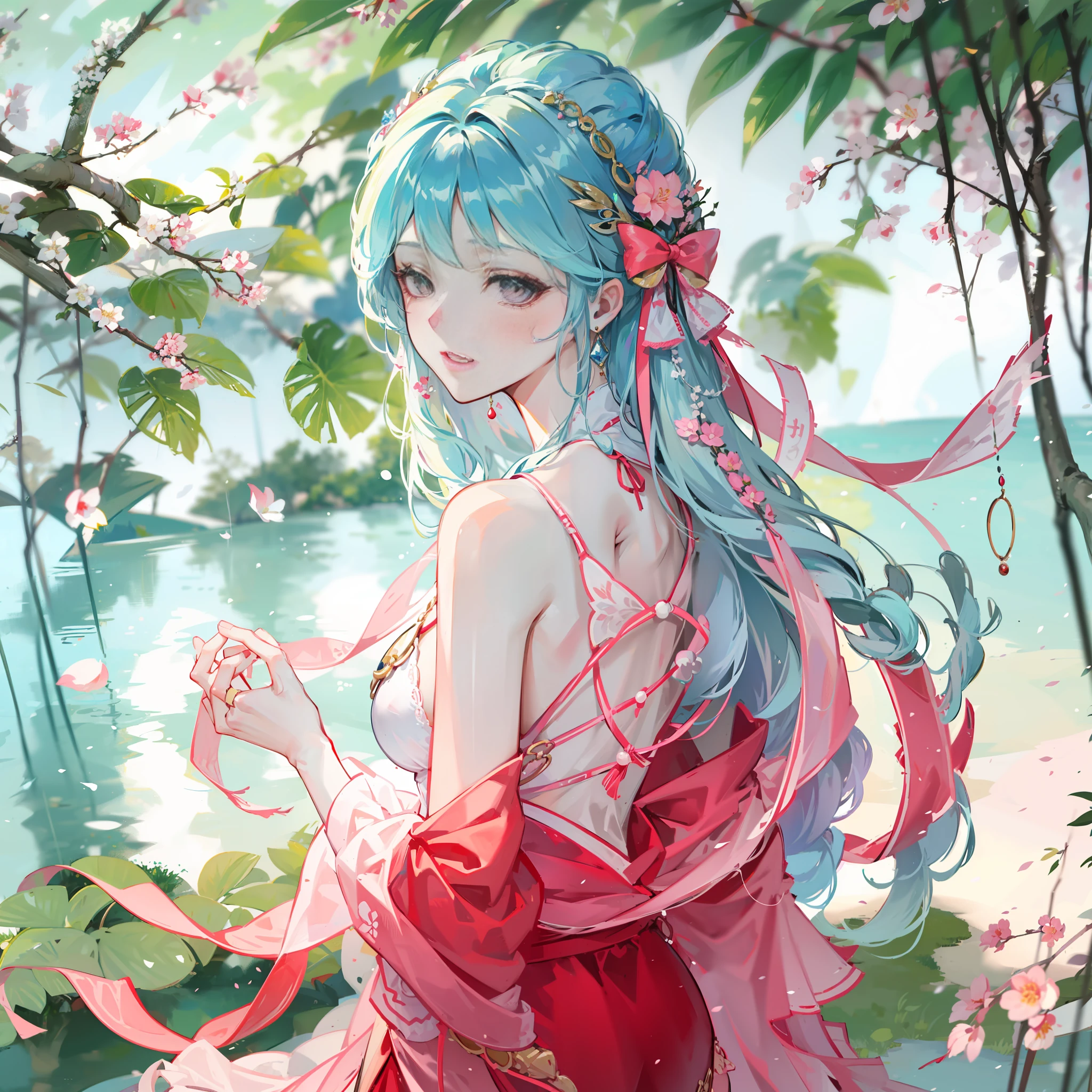 Has blue hair,Ancient wind,full bodyesbian, A beautiful woman in period costume,A pair of slender legs, Barefoot,Stand in the lake of the peach blossom forest,