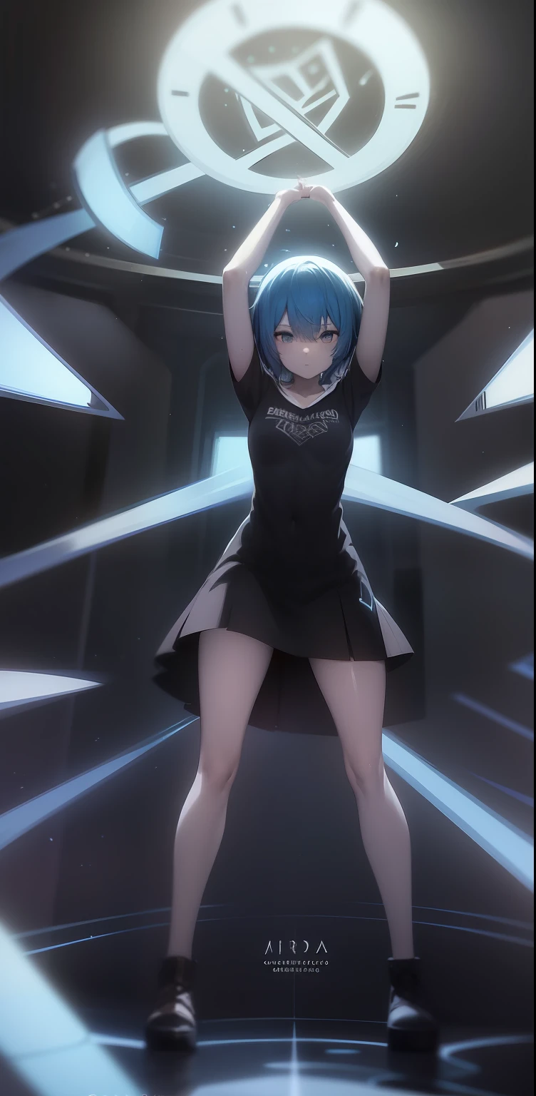 anime girl, short blue hair, rostro serio, camisa blanca, falda azul, senos medianos, brazos arriba, cuerpo completo, cuerpo detallado, cuerpo femenino, mirando al espactador,
