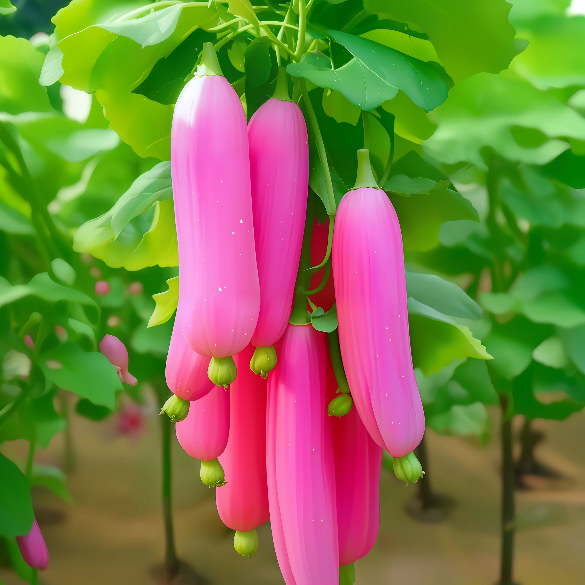 there are many pink flowers growing in the trees in the garden, Lush fertile fecundity, Pink asparagus, vegetative people, ( Visually stunning, ❤🔥🍄🌪, Beautiful image, Beginner, colours, amaranth, flowers with very long petals, subtitles, author:Yokoyama Grand View, Pink, Wang Chen, Aubergine, Wine