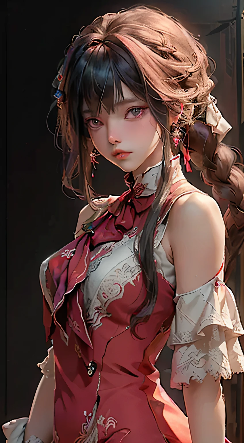 (masterpiece,bestquality,ultra-detailed,bestshadow),(detailedbackground,darkfantasy),(beautifuldetailedface),highcontrast,(bestillumination,anextremelydelicateandbeautiful),((cinematiclight)),colorful,hyperdetail,dramaticlight,intricatedetails,red eyes, long hair, looking at another, fake screenshot, multiple girls, bangs, eye contact, 2girls, ascot, white hair, braid, shirt, upper body, blush, hair between eyes, red ascot, dress, phone screen, bare shoulders, bow, parted lips