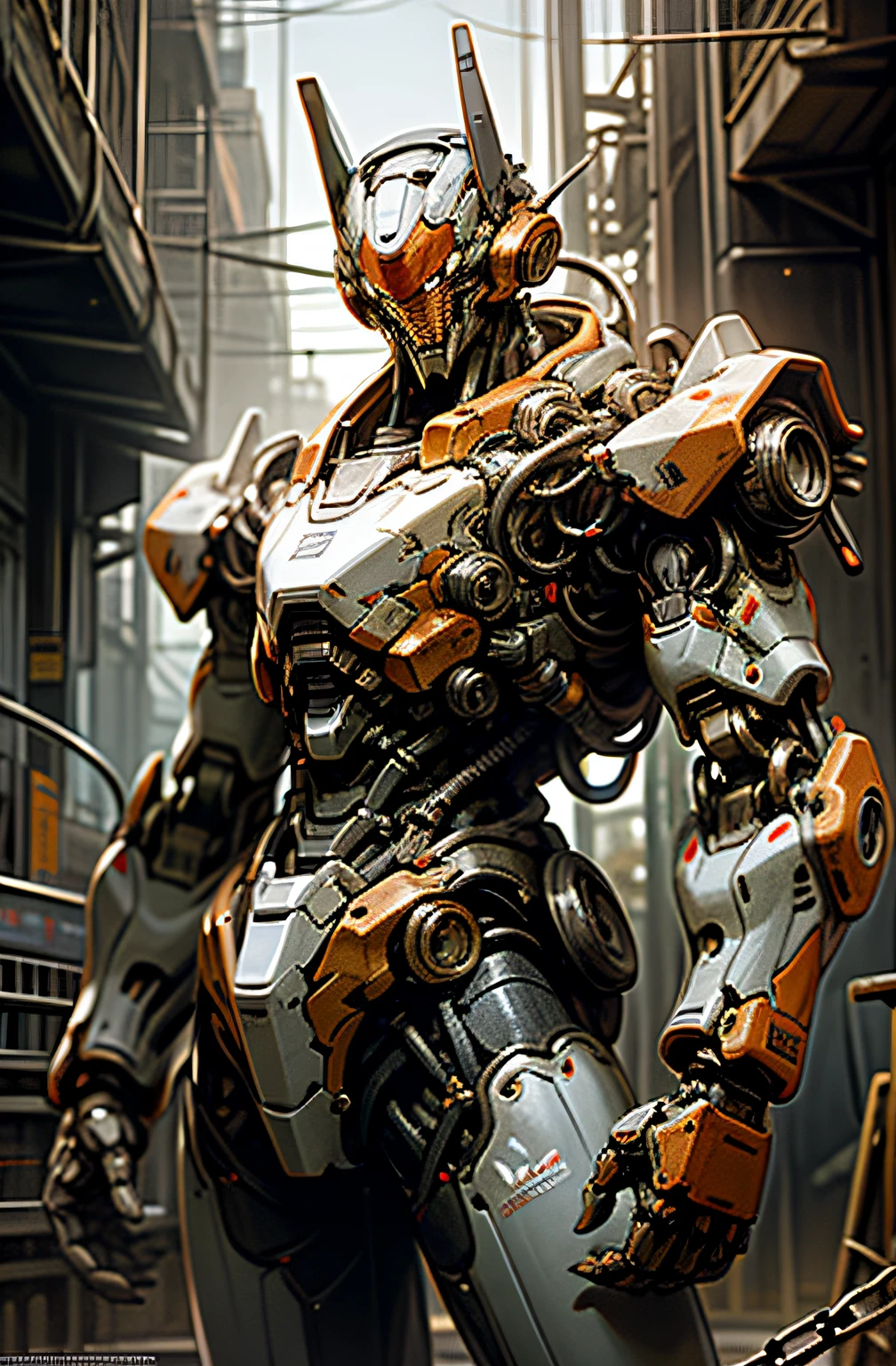Dark_Fantasy,Cyberpunk,(chain saw,chain saw man,Red:1.1),1man,Mechanical marvel,Robotic presence,Cybernetic guardian, wearing a worn-out mech suit, intricate, (steel metal [rusty]), elegant, clear focus, shot by greg rutkowski, soft lighting, vibrant colors, masterpiece, ((street)), cowboy shot, dynamic pose,