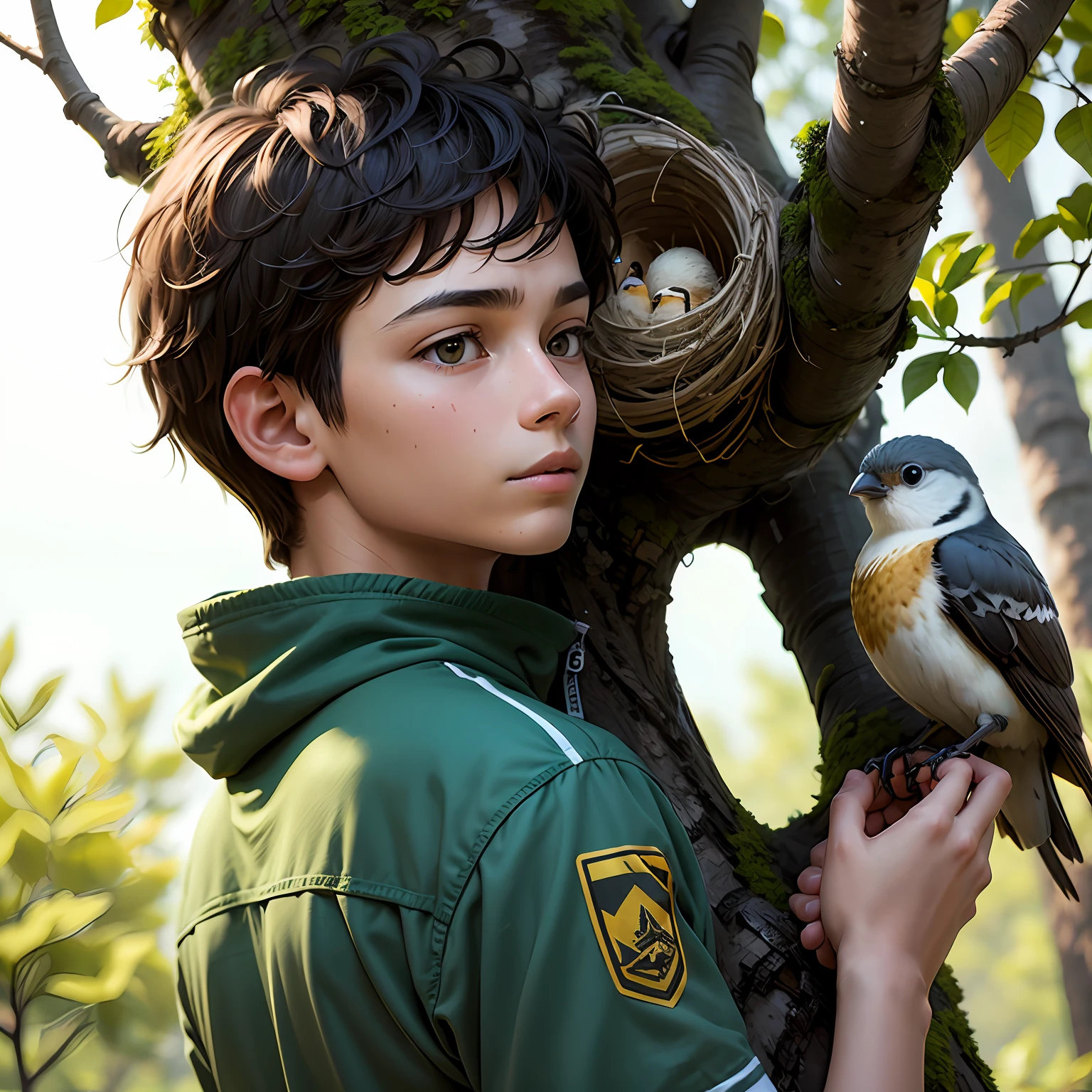 A BOY LOOKING AT A BIRDS NEST IN THE TREE --auto