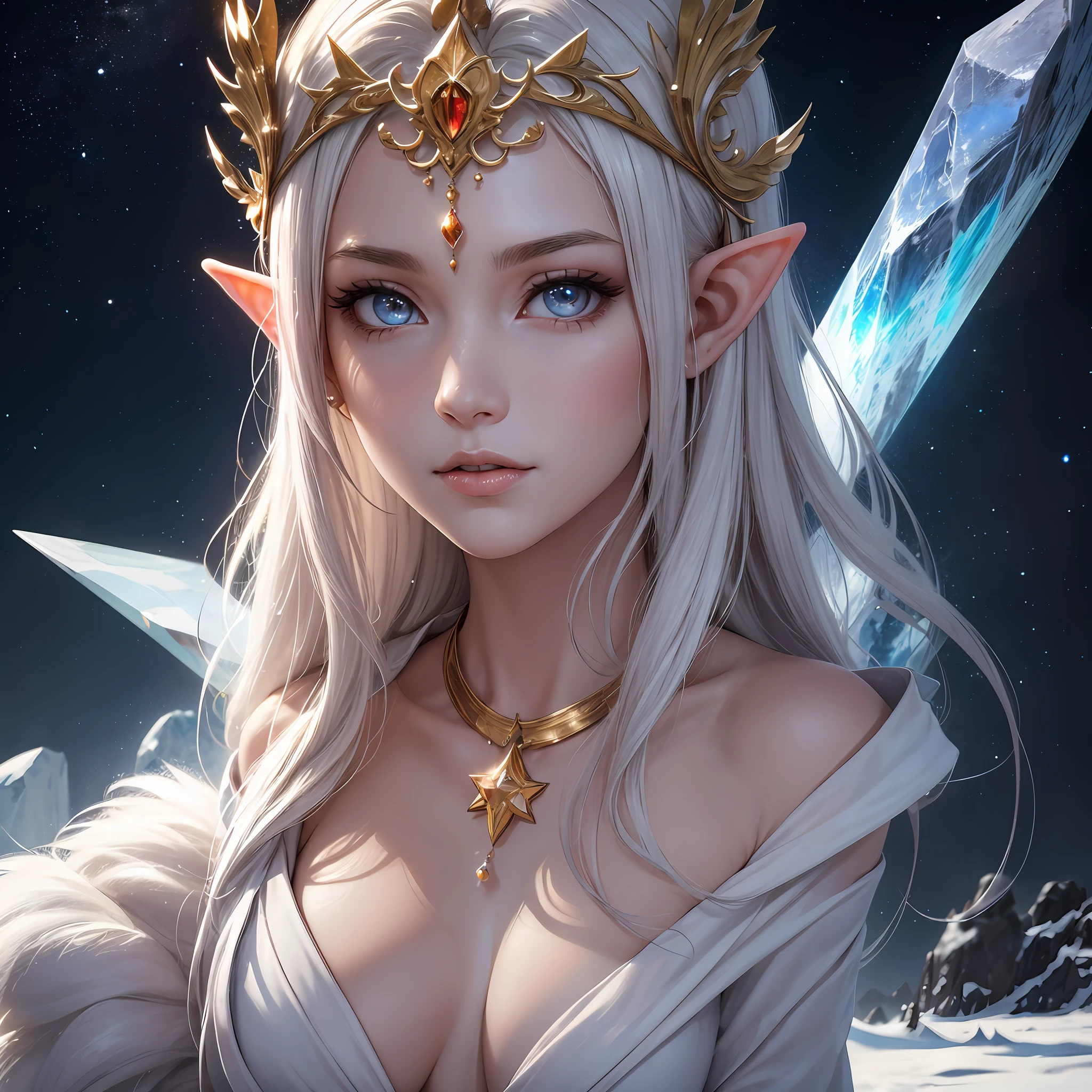A female elf,(best qualtiy,8K,tmasterpiece:1.3),largeeyes,long eyelasher,brunette color hair,Exquisite(live-action realistic style),Ultimate face,Photorealistic light and shadow,Star-like eyes,Clear facial features,Milky white skin,Fair skin, highdetailskin, Realistic skin details, Visible Pore,(Super detail),Petite body,Carmelto, Majority,perfect figure beautiful woman:1.4,Golden wire,((dynamicposes)A crystal crown is worn on his head),Two ice planet backgrounds,(Binary orbital flight),space,salama,Dramatic scenes,Huge snowy mountains