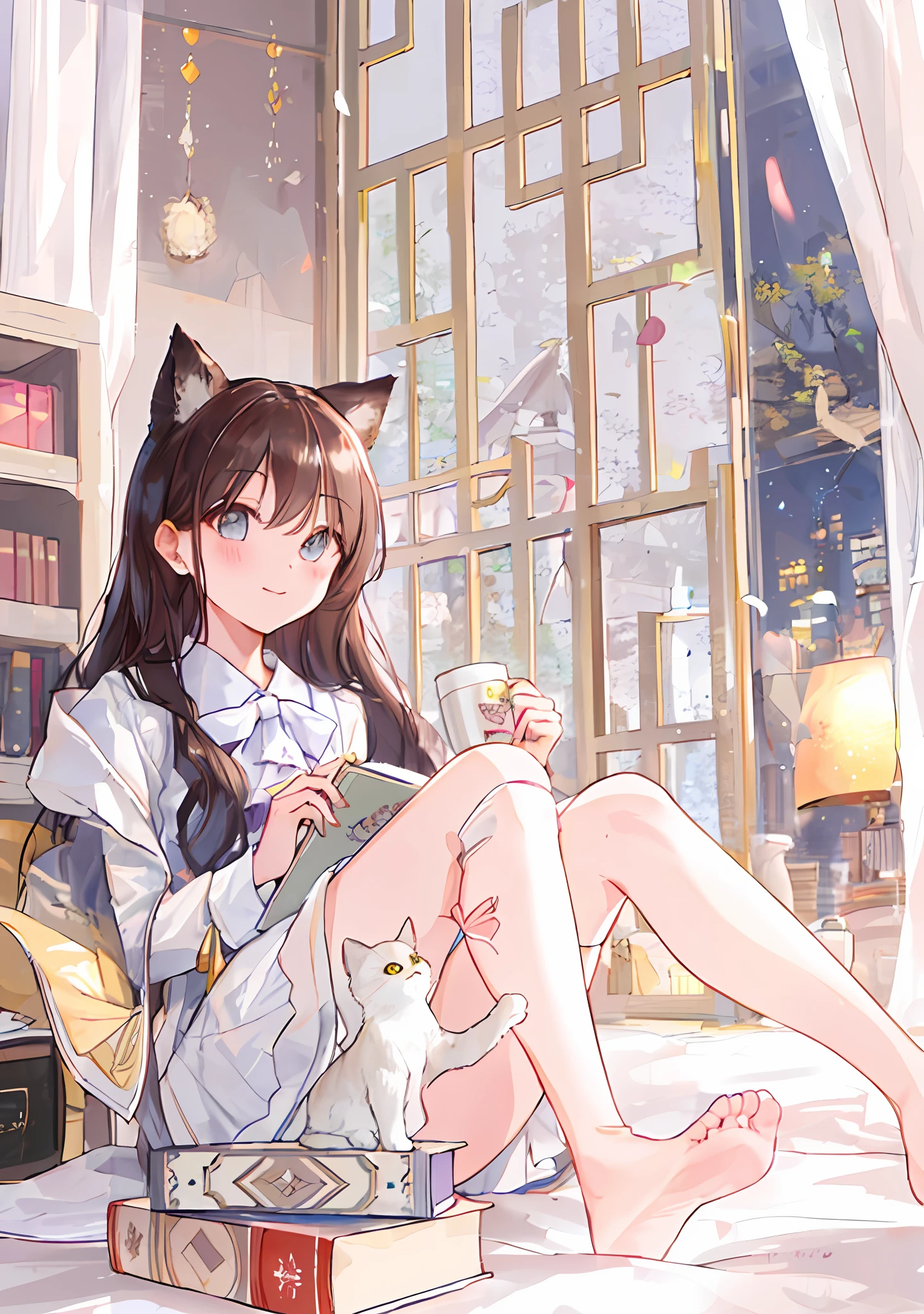 high quality, girl, smiling, blush, detailed eyes, long hair, bare feet, legs, book, coffee, cat, aesthetic lighting, good lighting, realistic lighting, good composition, highly detailed