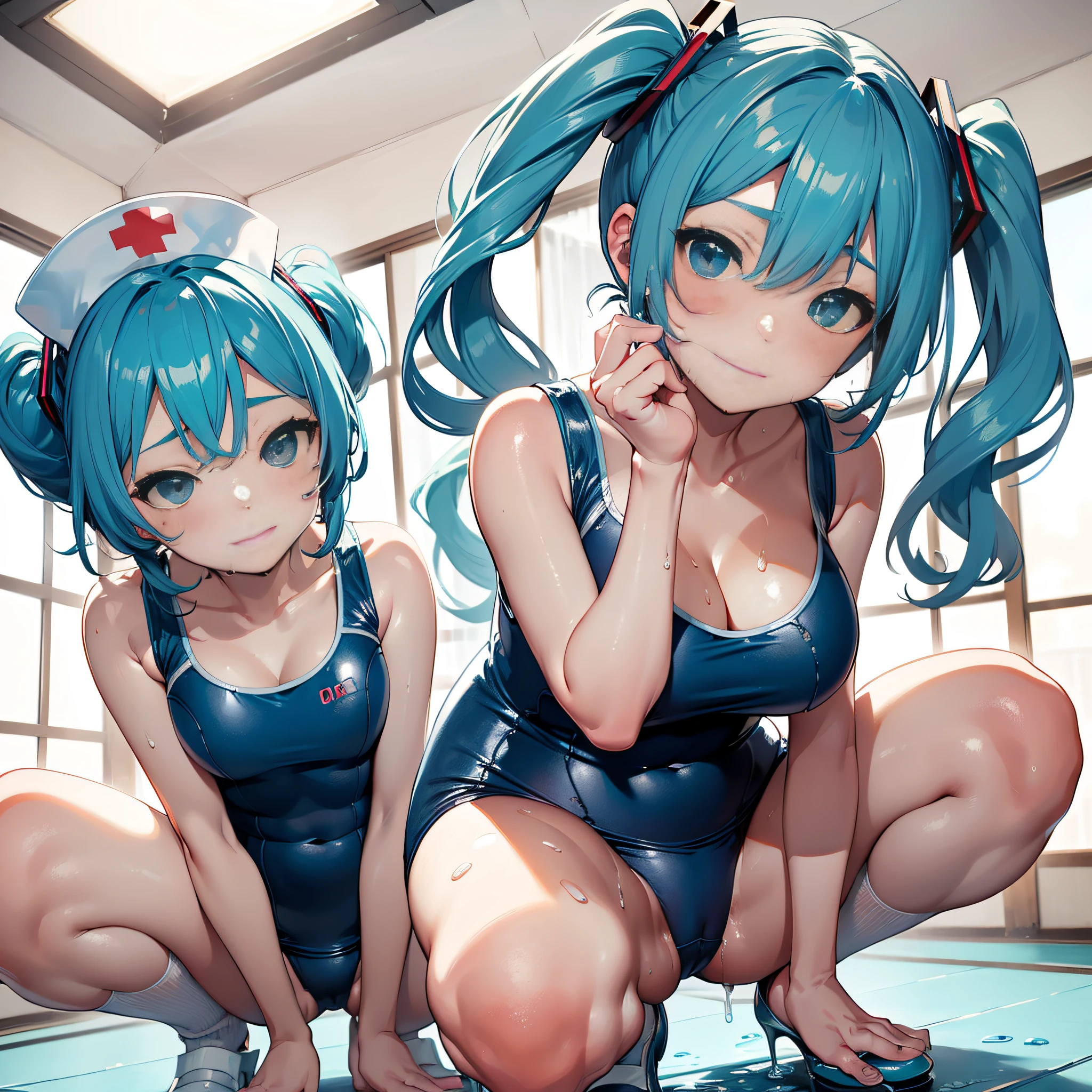 (masterpiece, best quality, 8k wallpaper:1.2 ), ultra detailed, absurdres, highres, long blue-green twintail hair, (hatsune miku:1.3), 27 yo, full body, ((1girl)), (large breasts), (((glossy slippy smooth texture {blue|black} one-piece japanese school swimsuit:1.3))), ((motherhood kind smile, head tilt:1.2, squinting eyes, wince, closed mouth)), (masterpiece, best quality, 8k wallpaper:1.2 ), ultra detailed, absurdres, highres, long blue-green twintail hair, (hatsune miku:1.3), 7 yo, Elementary school student, short legs, short arms, petit, being stumpy, full body, ((1girl)), (flat chest), (((glossy slippy smooth texture {blue|black} one-piece japanese school swimsuit:1.3))), ((motherhood kind smile, head tilt:1.2, squinting eyes, wince, closed mouth)), (looking at viewer), too sweaty body, silky skin, beautiful eyes, beautiful smile line, big blue eyes, shiny hair, beautiful detailed eyes, beautiful detailed skin, beautiful detailed clothes), framed double breasts, under bust, too wet skin, too wet clothes, glossy skin, glossy clothes, skindentation, skin tight, thick thighs, on the hospital bed, portrait, cute face, kawaii, (((peeping shot from ceiling, flirting))), peeping dripping, wide open legs, wide spread legs, squatting, get on your knees, realistic, realism, photorealistic, (((waterfall milk is dripping from the crotch))), both inner thighs, ((white nurse cap, too wet see-through too thin white over knee socks, white nurse shoes)), 1 panel, solo, lower body focus, ((a lot of milk on crotch and thighs)), framed cleavage