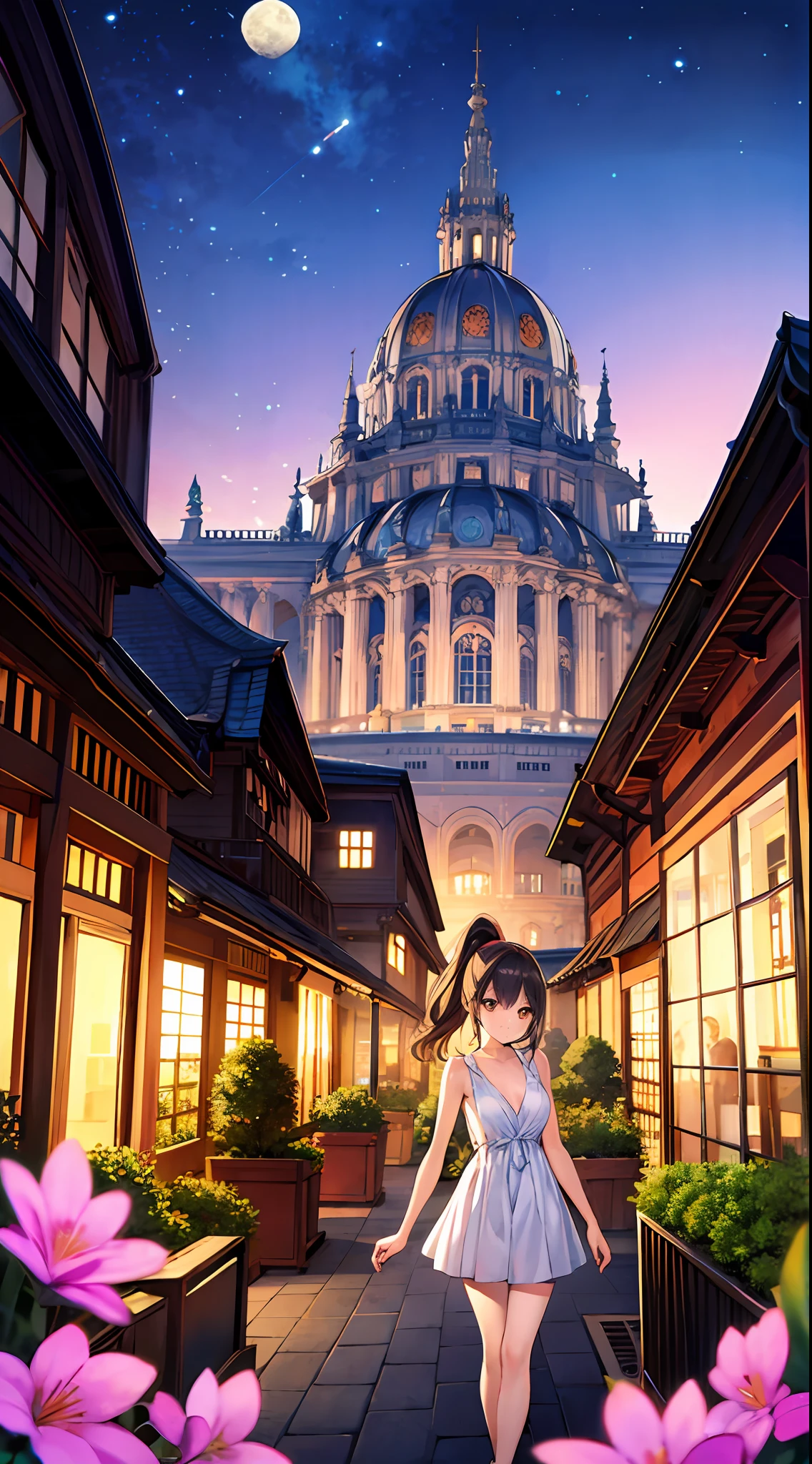 masterpiece,bestquality,highlydetailed,ultra-detailed,light,pale,romanesque architecture streets,in the palace,in the street,on a hill,1girl,orange eyes,yellow sclera,long hair,black hair,Colored inner hair,black_hair,Sidelocks,high ponytail,ponytail,medium breasts,flower ribbon,by the moon,in misty onsen,on the beach,beautiful purple sunset at beach