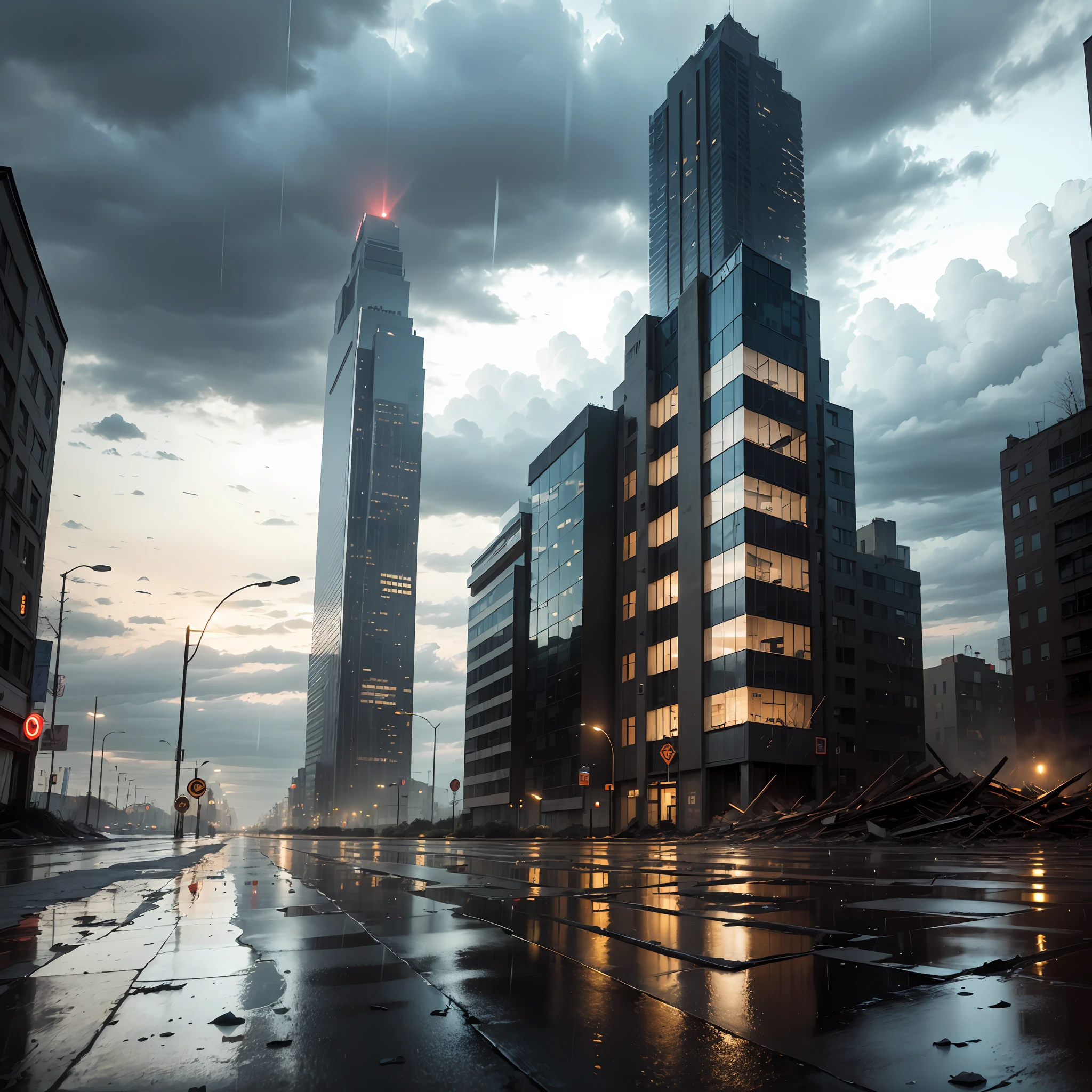 Creepy scape, (city scape background creepy), raining, roads, wet road, The pavement, building, (broken building), (reepy tower), Dark sky, cloudy --auto