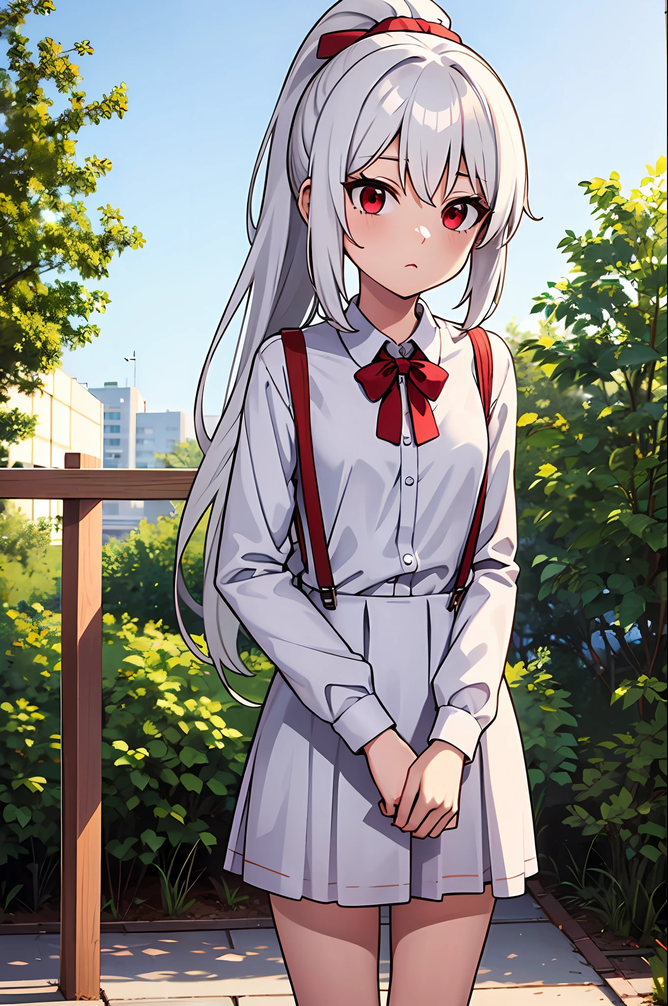 loli,white hair,red eyes, high ponytail, girl, solo, suspenders dress,long hair