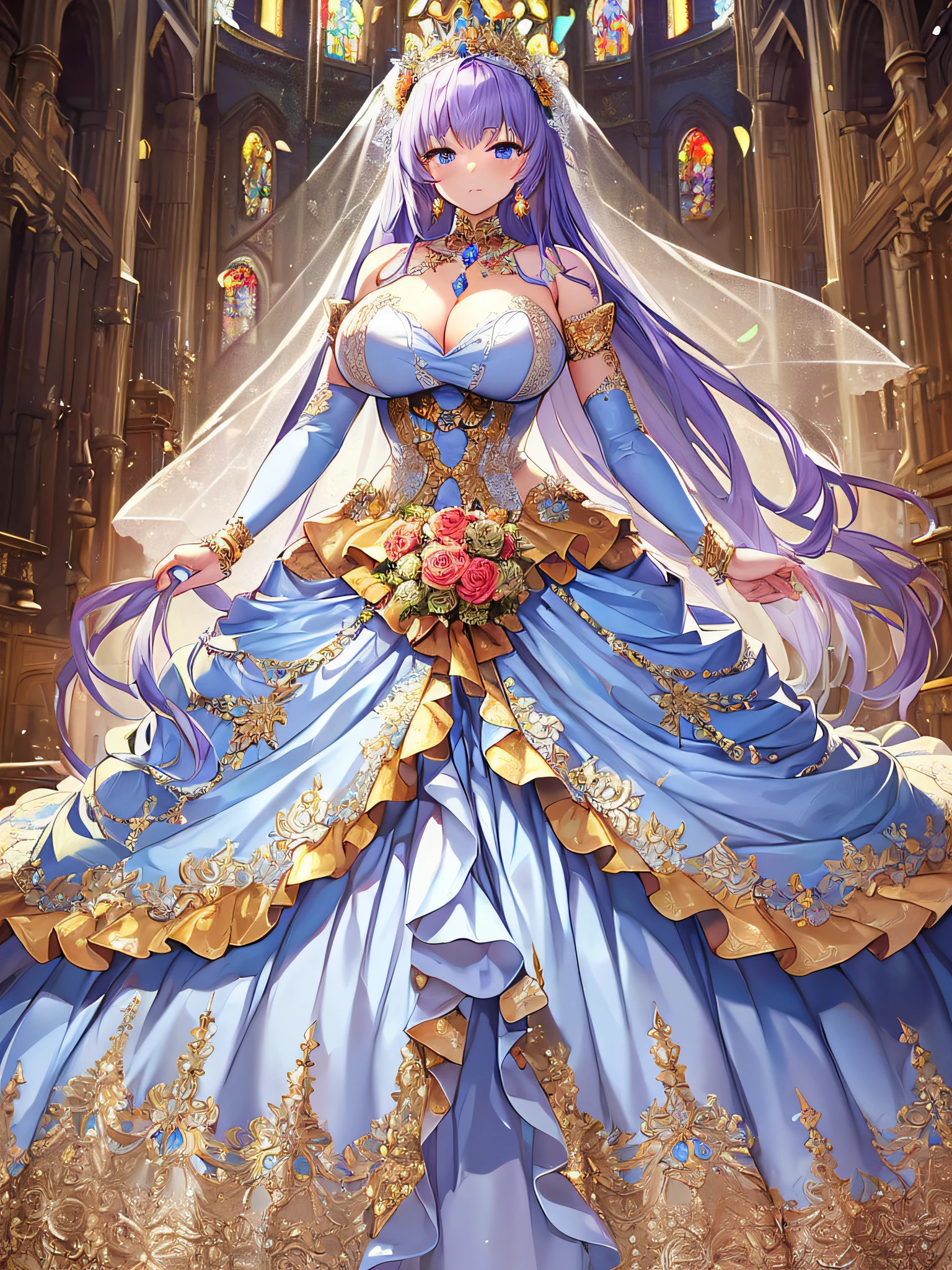 ((anime artstyle)),(Masterpiece),(Best Quality), (Super Detail),((Very Delicate and Beautiful)),Focus on character,Dynamic Angle,Looking at viewer,((Solo)),standing,((full body)),((one princess in gorgeous ball gown wedding dress with voluminous skirt)),((June bride)),detailed face and eyes,jewel-like eyes,((Very Long voluminous Hair)),gorgeous embroidery and lace,((gorgeous corsage)),See-through,ornate ruffles,(Gorgeous jewelry ornaments),luxury hair ornament,luxury tiara with jewels,(gigantic breasts,Long breasts),(indoor,church wedding),(full body),hoop skirt,crinoline,(((fusion of jeweled wedding dress and gorgeous embroidery rococo ballgown))),