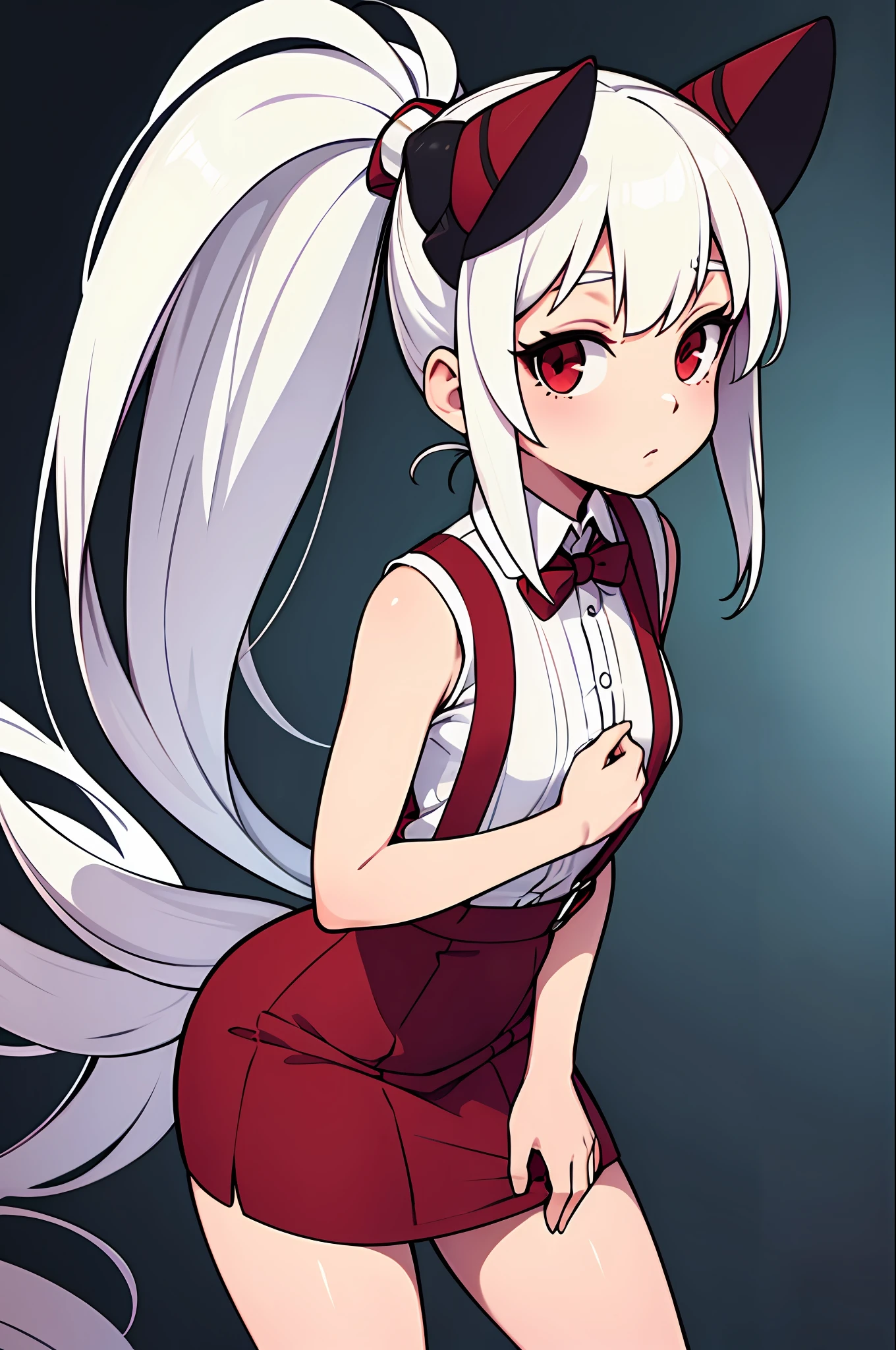 ****,white hair,red eyes, high ponytail, girl, solo, suspenders dress,long hair