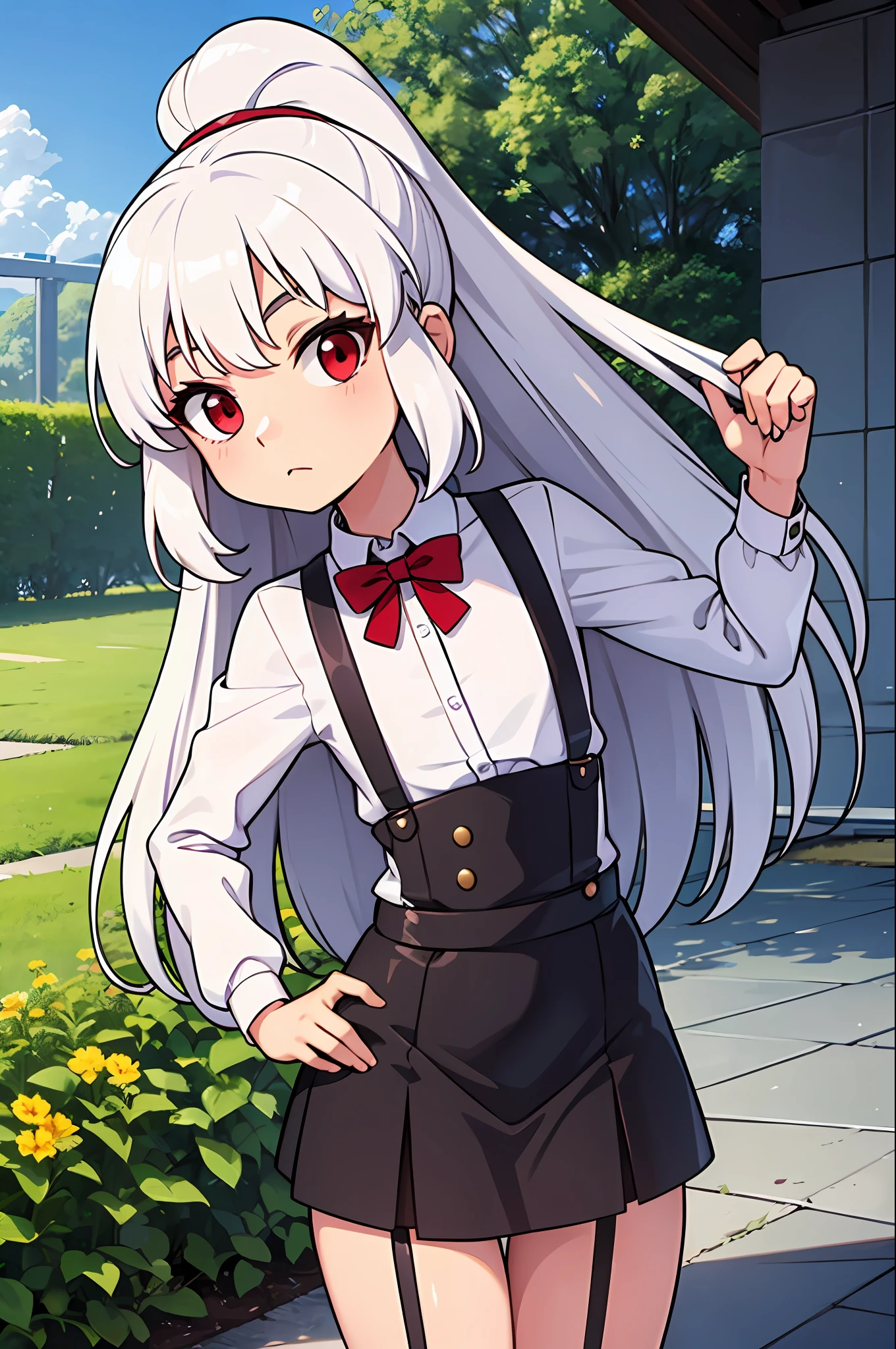 loli,white hair,red eyes, high ponytail, girl, solo, suspenders dress,long hair