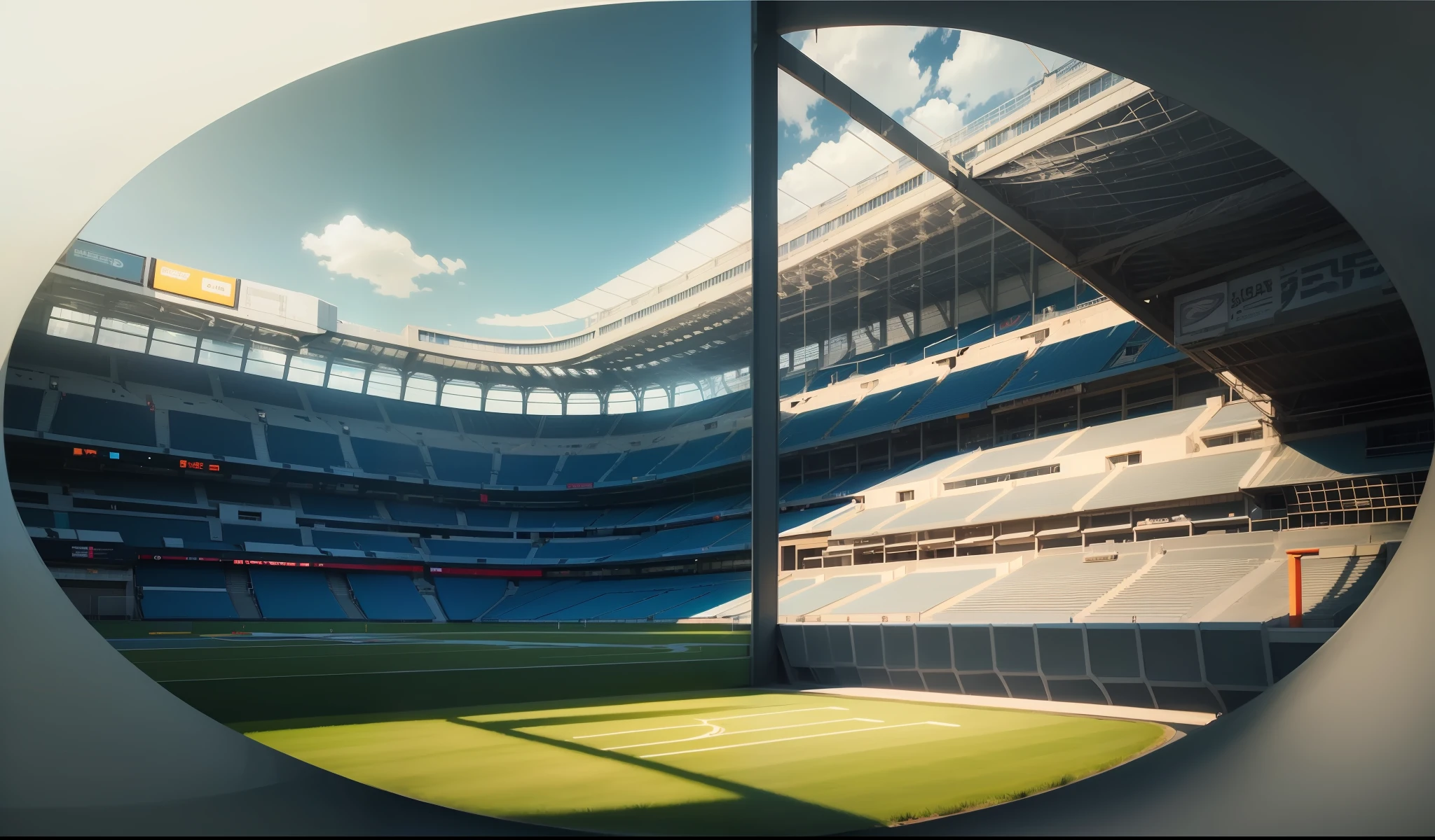 With white as the main body,Blue is the secondary color,Golden light,Add a metallic touch,Add modern mechanical gears to white parts,The stadium and green space in the picture will not change,Create promotional images