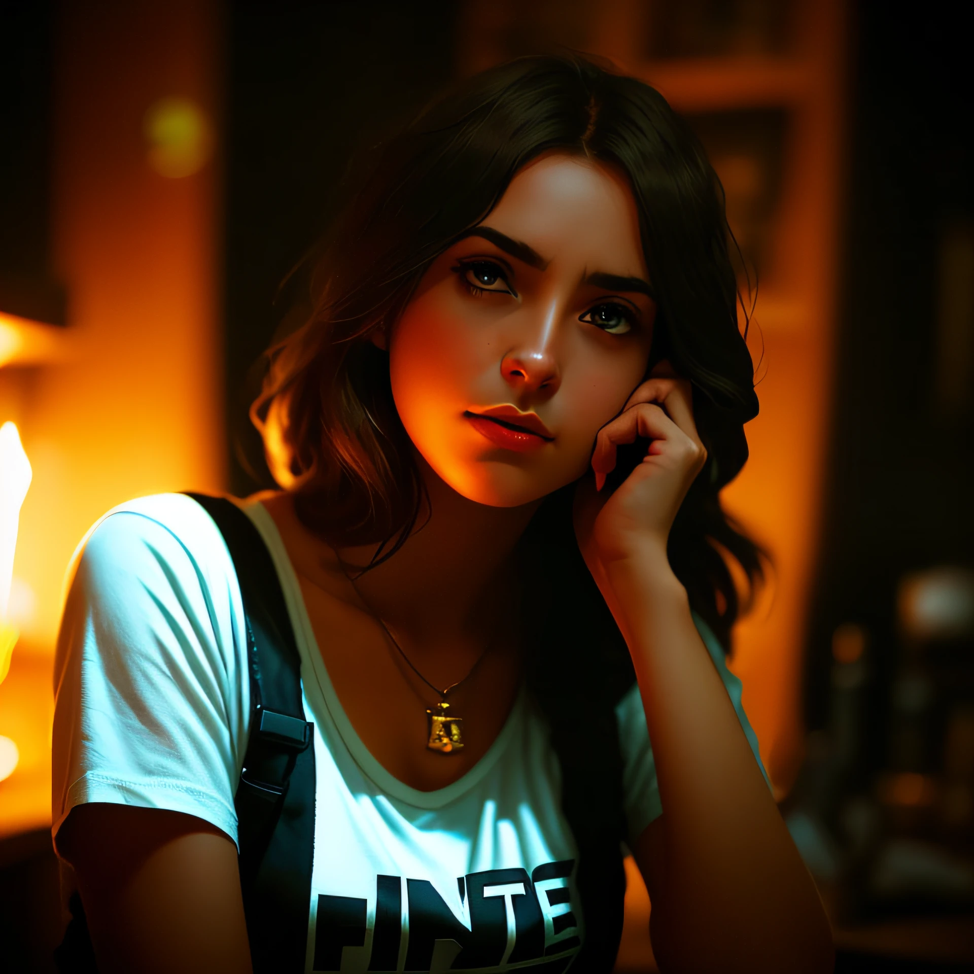 menina adolescente loira, wearing black strap T-shirt, dentro do quarto, high resolution, circunstanciado, tiro cru, sharp re, By Lee Jeffries Nikon D850 Film Stock Photography 4 Camera Kodak Portra 400 Lens F1.6 cores ricas textura realista, Hiper realista, lighting dramatic, trending in the artstation