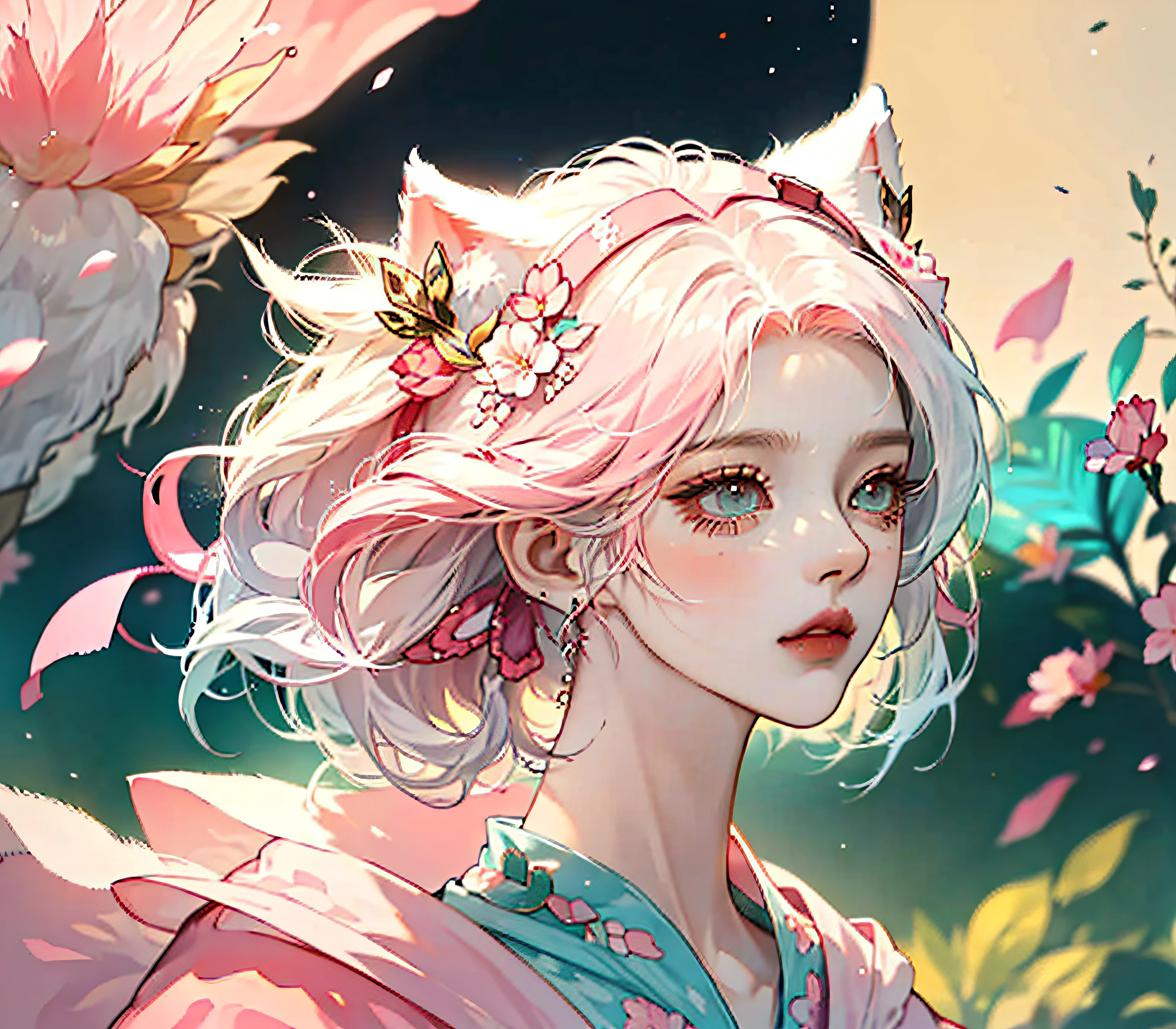 Bust,Dissection is correct,Short hair girl with flowing hair ,Short white gradient hair,The ends of the hair are pink,whaite hair,Peach blossom embellishment ,Short flowing hair,White animal ears,White drooping flat animal ears,Eyes are confused,Dark tones,Low saturation,Low saturation