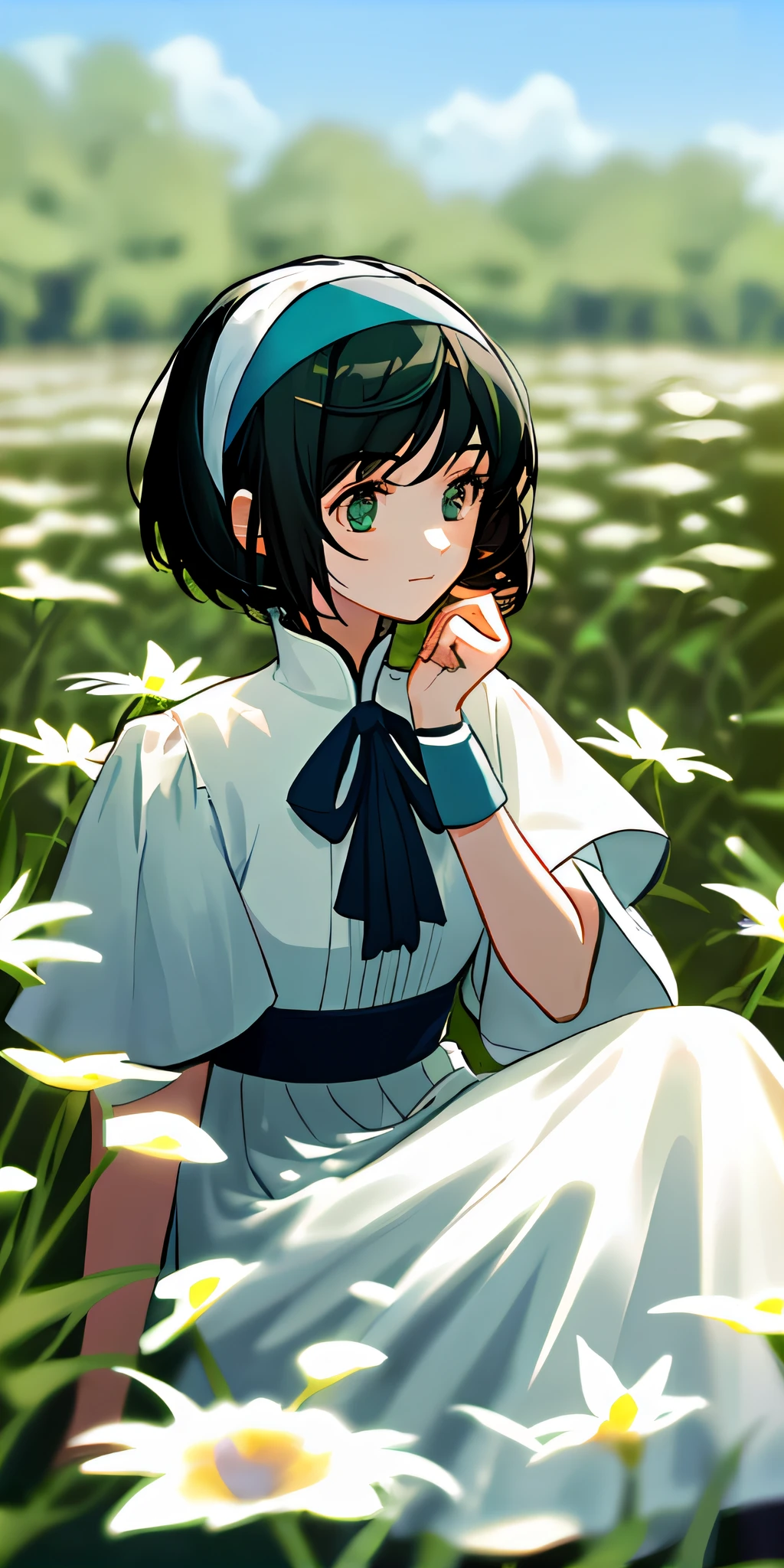 (animemanga girl:1.2),(Sit in a daisy field),(Place your hand on your chin:1.1),(mouth mask),A scene from the(steins gate:1.25)'s(mayuri shiina:1.2),offcial art,(Cute girl:1.1)'s(anime visual:1.1),(fubuki),from touhou,(Young anime girl),(Anime style portrait),(Hestia:1.2),(hana yata:1.2),(High quality:1.1)anime art style。