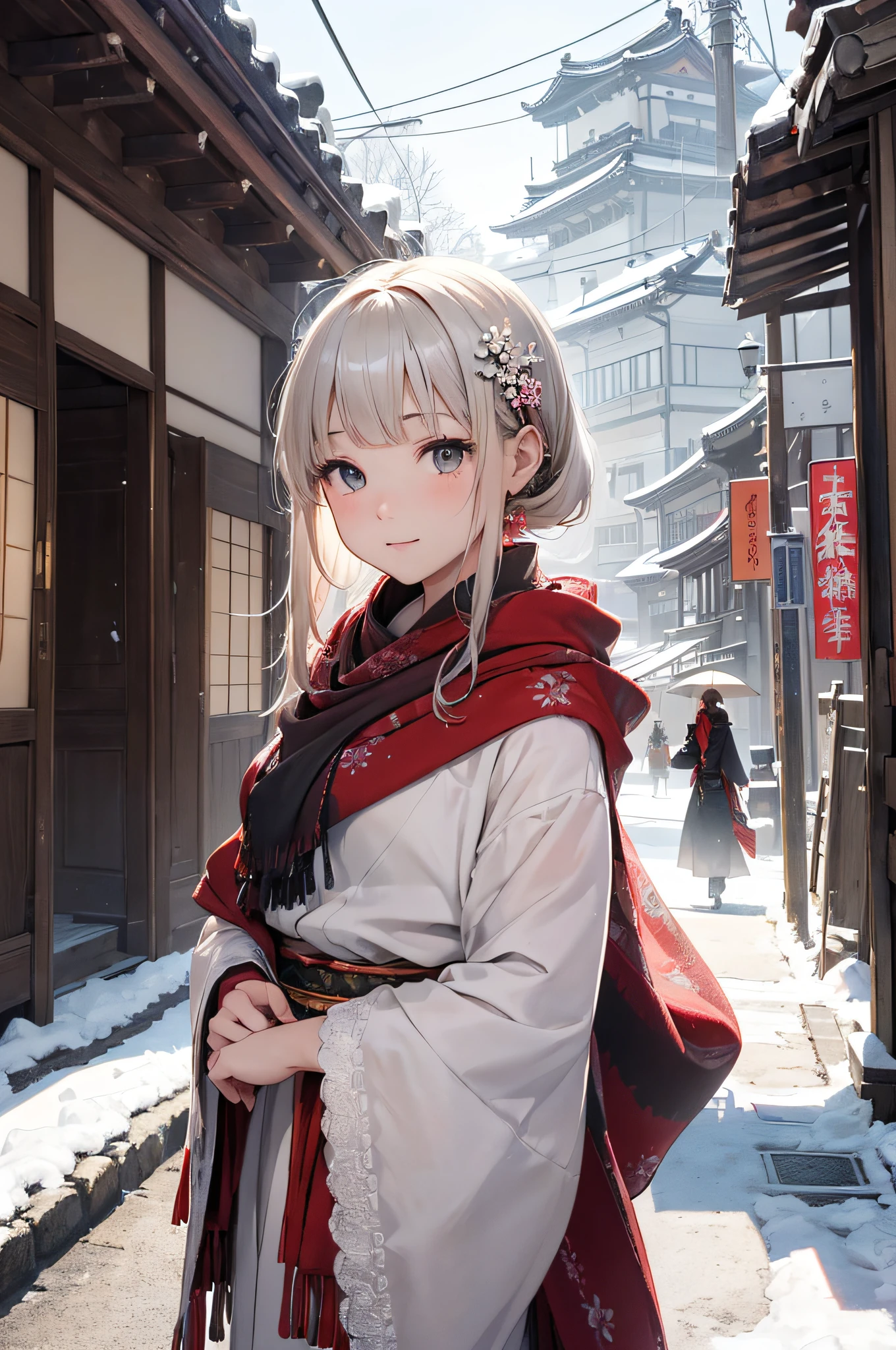 (Master masterpiece:1.3), Realistic epic、Cinematic lighting、absurderes, 超A high resolution, Highly detailed , 细致背景、Winters、snow cover、Plaster walls、gate、a street、the morning sun、Japan kimono、(shawls:1.4)、1girl in、face perfect、Red and white as the main colors