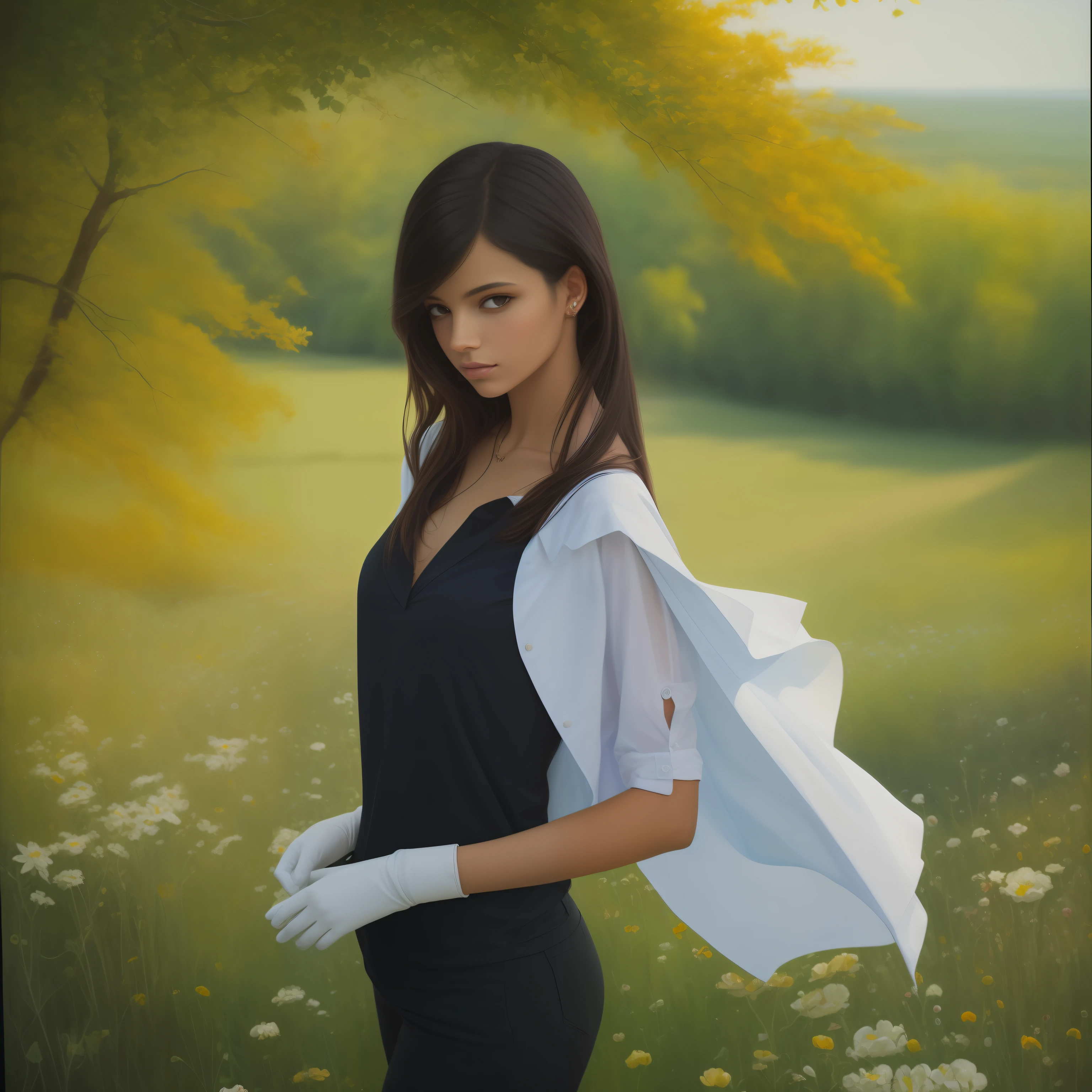 Kizi，Dark shirt，whaite hair，White-colored skin，summer day，White gloves，Overlooking，photorealestic，oil painted --auto
