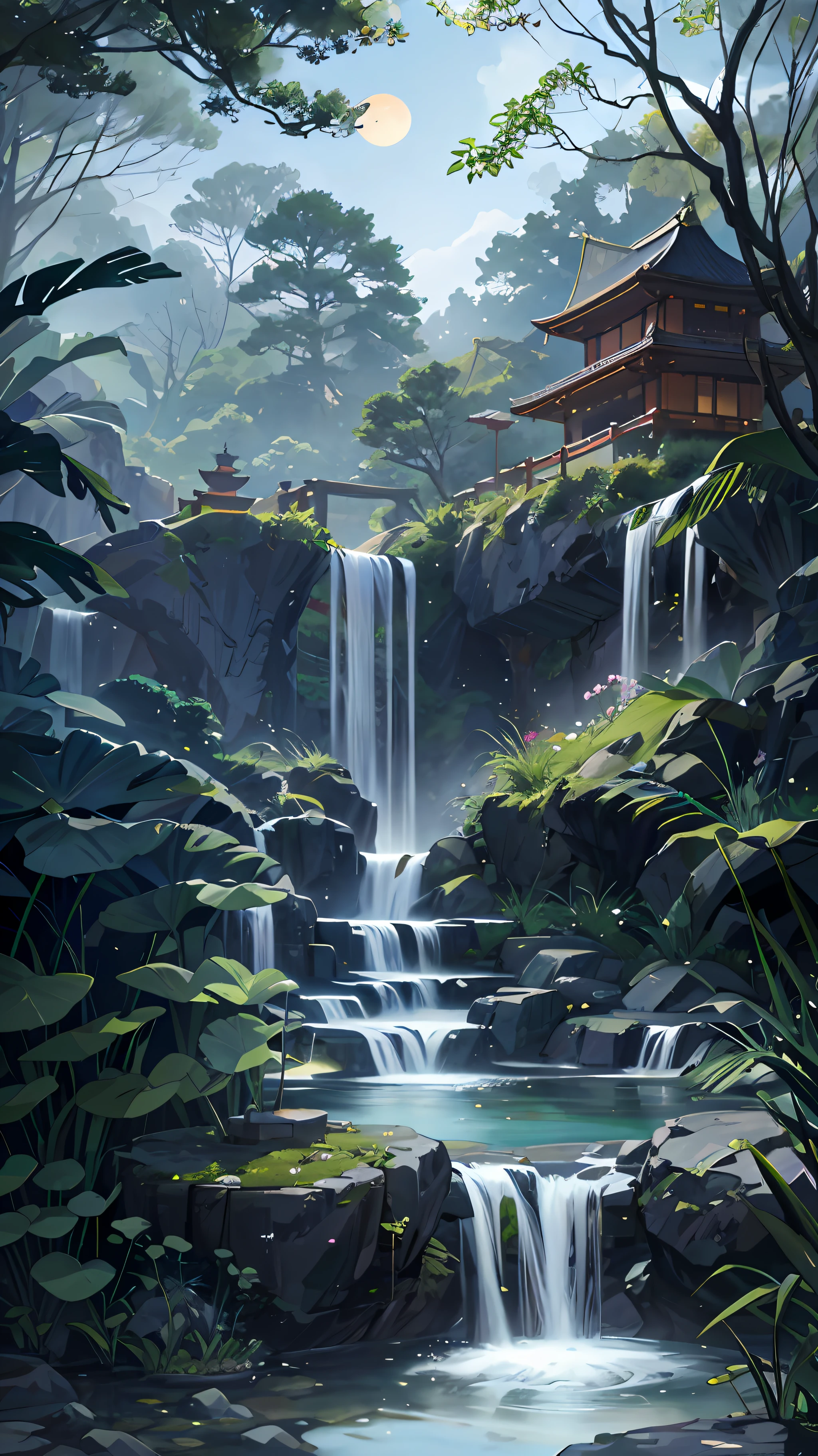 9:16 Full picture, ancient Chinese architecture, hazy moon, night, garden, bamboo, lake, stone bridge, rockery, arch, corner, rockery, tree, running water, landscape, outdoor, waterfall, grass, rock, water lily, hot spring , Water Vapor, (Illustration: 1.0), Epic Composition, Detail Enhancement, Detail Enhancement. Realistic lighting, HD details, masterpiece, best quality, (very detailed CG unity 8k wallpaper), (best quality)