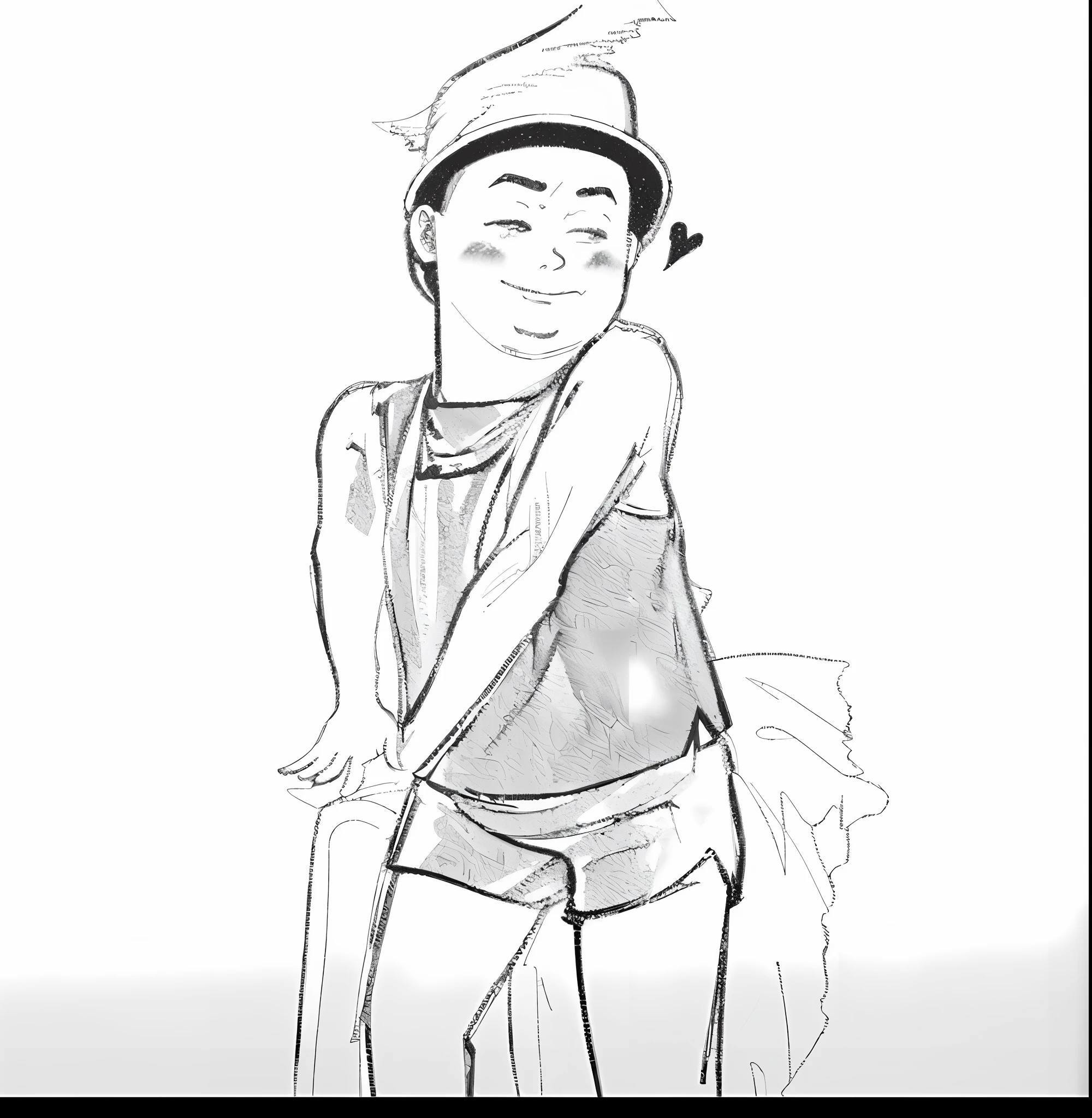 Draw a fat boy with a cane in a top hat and shorts, character posing, full body portrait of a short!, sketch illustratio, concept art of single boy, inspired by Junpei Satoh, Wearing robes, Official illustration, flapper, traditional drawing style, comic character, animated character design, Eiichiro Oda style, A portrait of the character