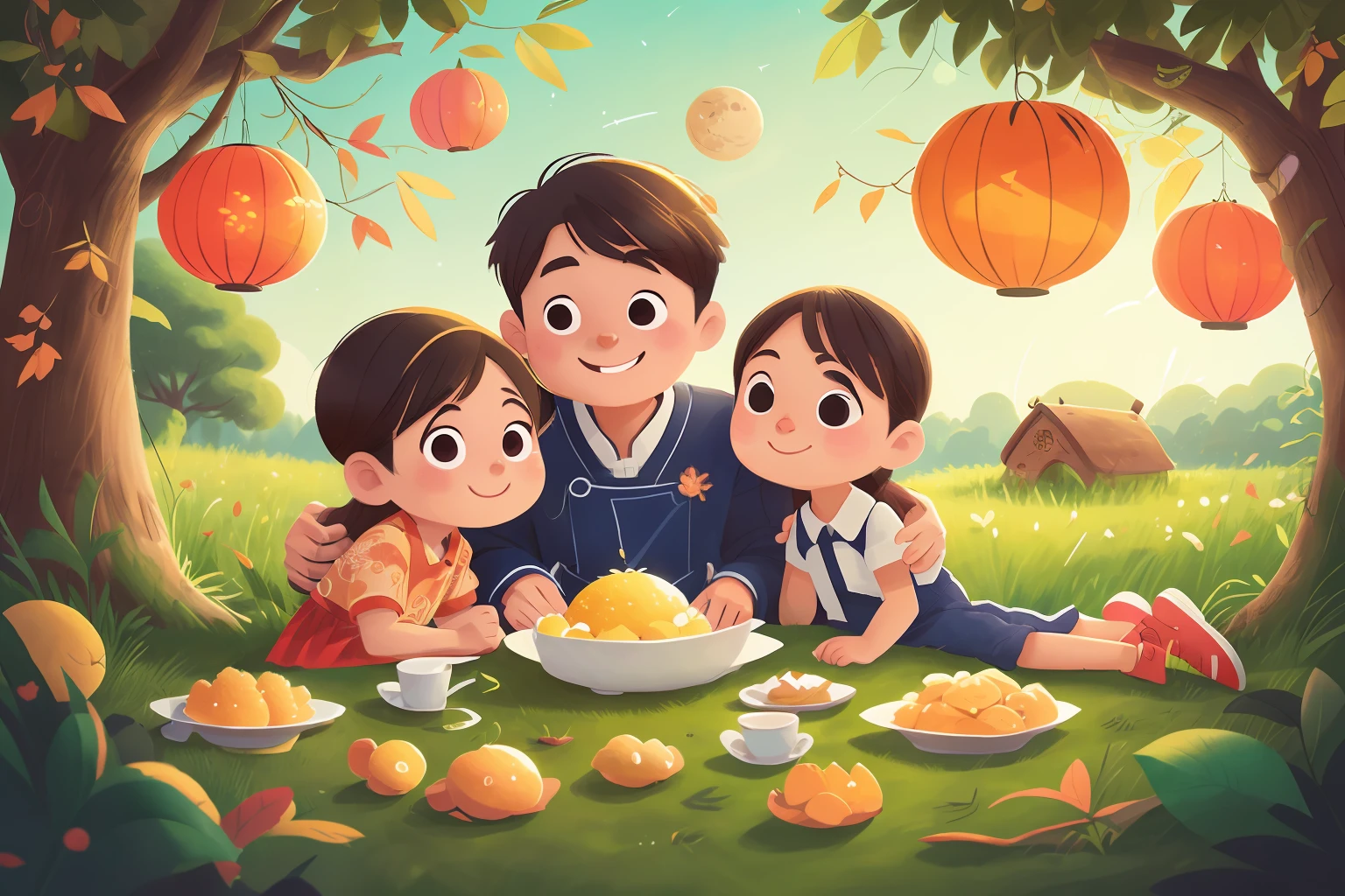closeup cleavage,mid-autumn festival,family photos,Moon,grassy fields