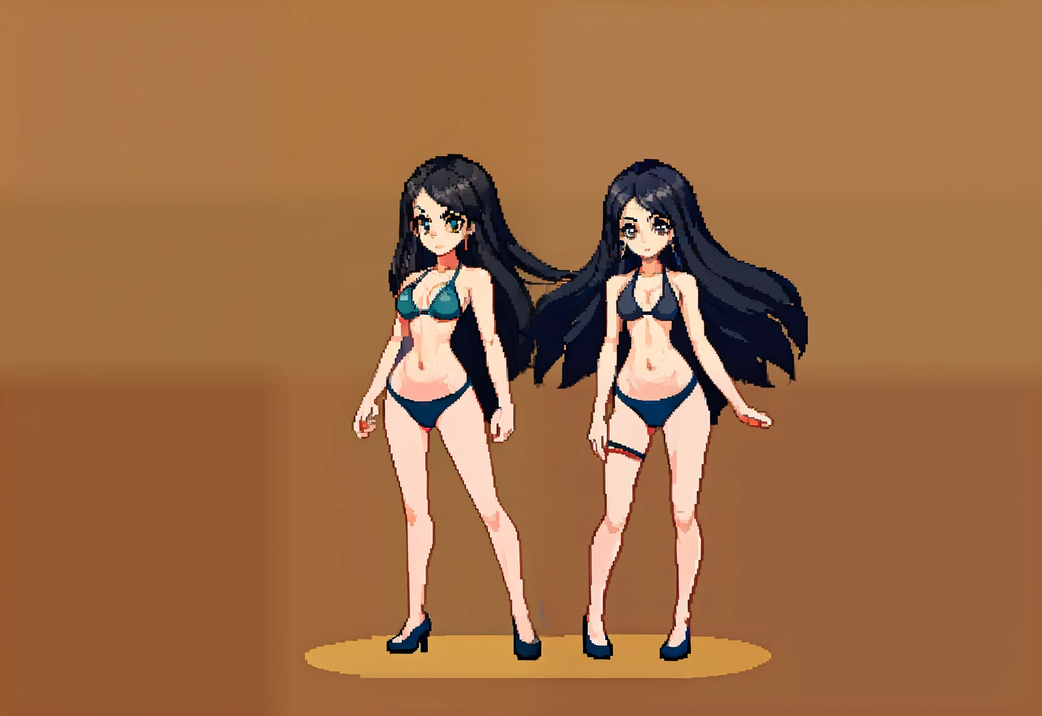1Mulher, cabelo de rabo de cavalo, arms on hips, Olhoss amarelos, sozinho, Presas, delineador, corada, cabelo vermelho cacheado, medium breasts, tatuagem, micro tying bikini, olhando para o espectador, maquiagem, boca aberta, fundo gradiente, standing on her feet , pernas abertas, virilha exposta, cameltoe, corpo inteiro, pixel