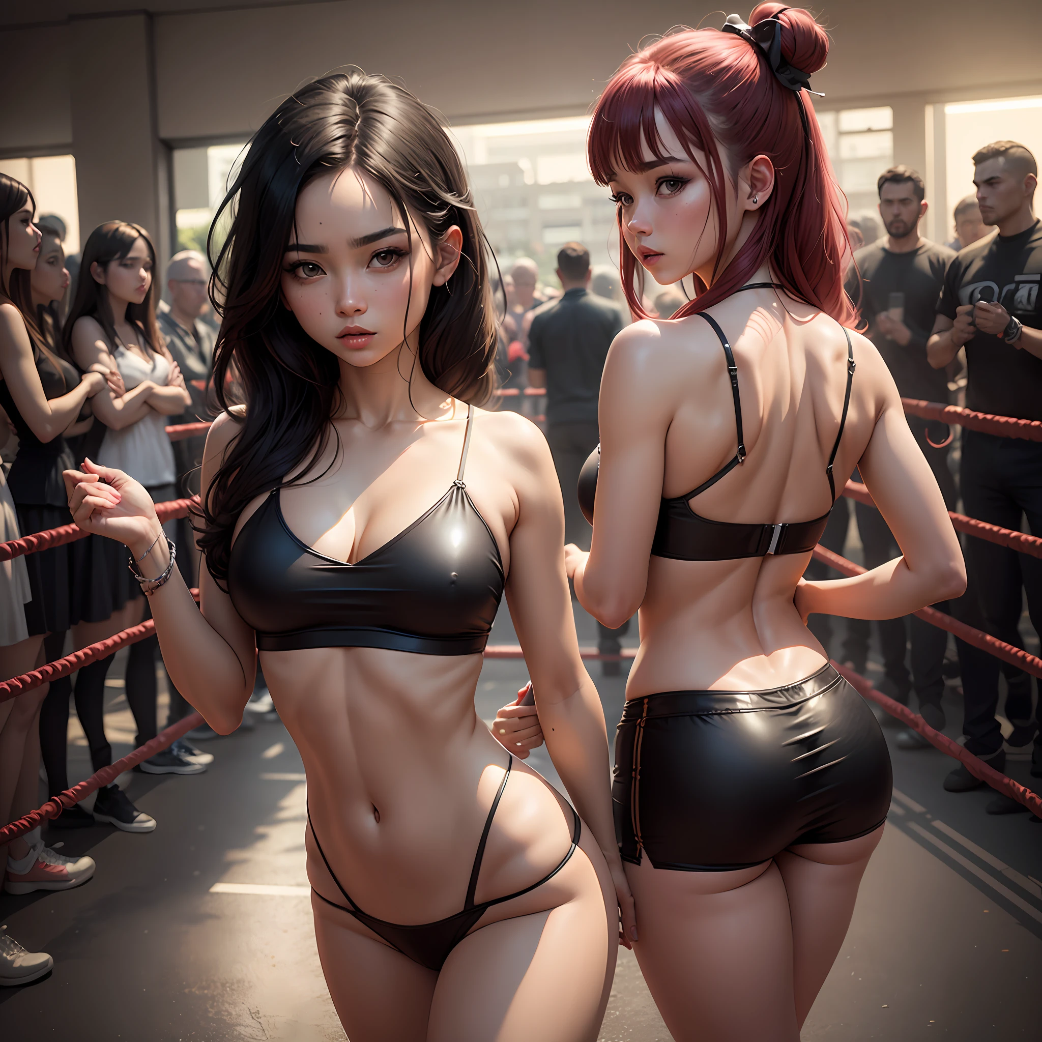 imagem ultra realista, Garota oriental muito bonita ,lutando com outra mulher , Rosto hiper detalhado, com luvas de boxe, cansada depois de uma briga, muito suada, sangramento , plateia assistindo as duas garotas lutando. --auto