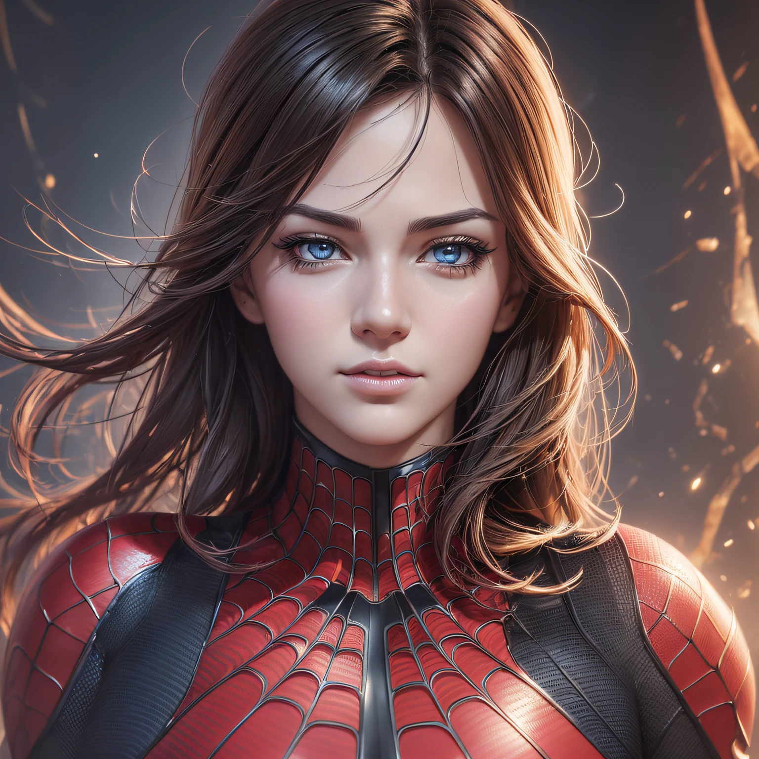 (1girl:1.3), Solo, (((Very detailed face)))), ((Very detailed eyes and face)))), Beautiful detail eyes, Body parts__, Official art, Unified 8k wallpaper, Super detailed, beautiful and beautiful, beautiful, masterpiece, best quality, original, masterpiece, super fine photo, best quality, super high resolution, realistic realism, sunlight, full body portrait, amazing beauty, dynamic pose, delicate face, vibrant eyes, (from the front), She wears Spider-Man suit, red and black color scheme, spider, very detailed city roof background, rooftop, overlooking the city, detailed face, detailed complex busy background, messy, gorgeous, milky white, highly detailed skin, realistic skin details, visible pores, clear focus, volumetric fog, 8k uhd, DSLR, high quality, film grain, fair skin, photo realism, lomography, futuristic dystopian megalopolis, translucent --auto