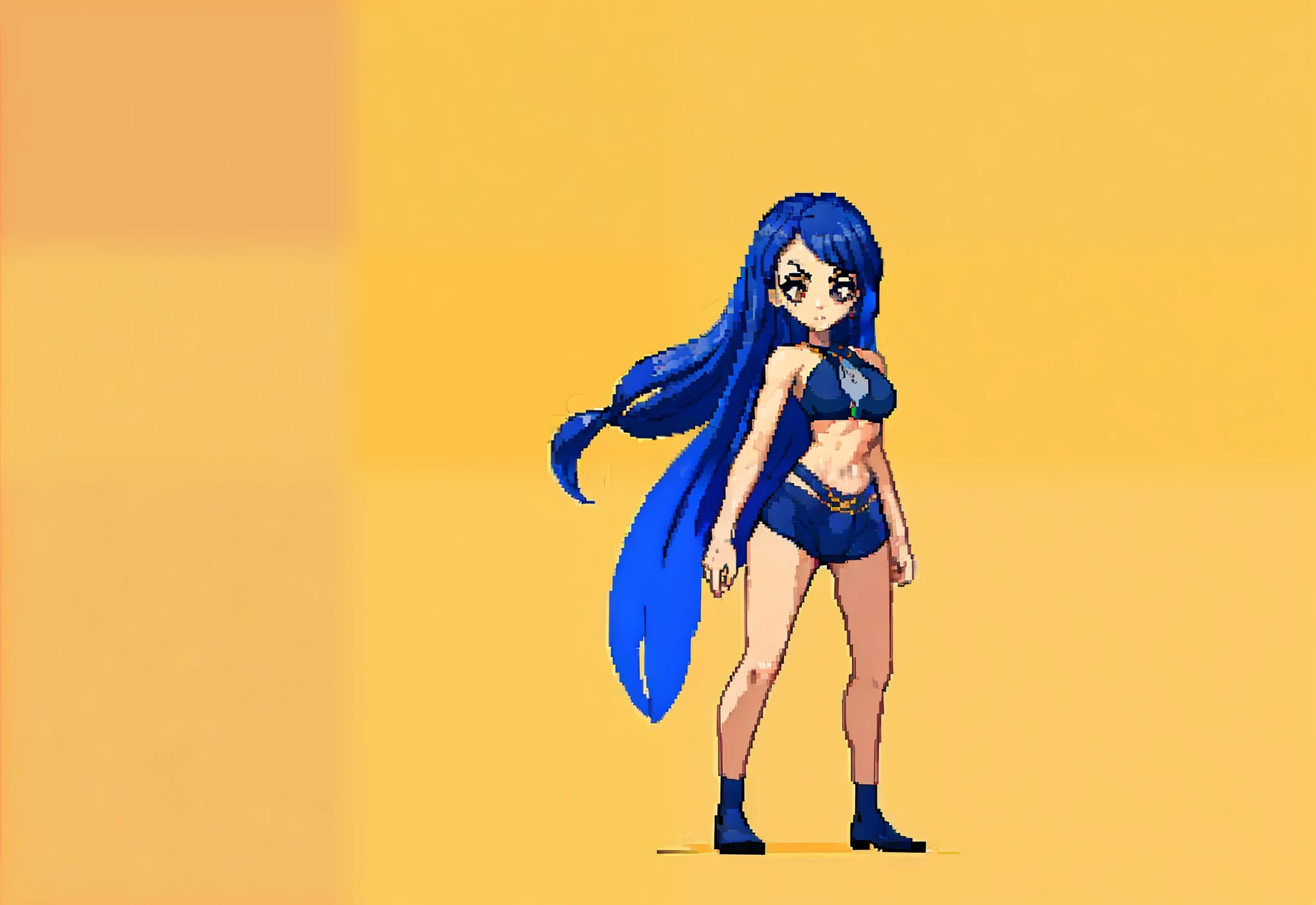 1Mulher, cabelo de rabo de cavalo, arms on hips, Olhoss amarelos, sozinho, Presas, delineador, corada, cabelo vermelho cacheado, medium breasts, tatuagem, micro tying bikini, olhando para o espectador, maquiagem, boca aberta, fundo gradiente, standing on her feet , pernas abertas, virilha exposta, cameltoe, corpo inteiro, pixel