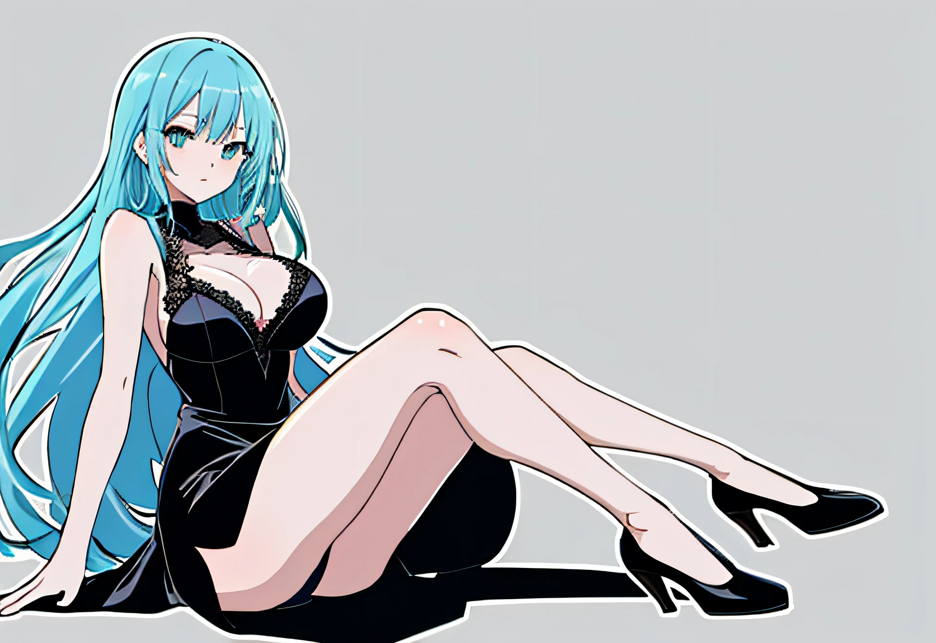 a drawing,A woman sits on the ground,long baby blue hair,Backless evening dress,Black lace stockings,legs crossed, thick black lineart, thick lineart, clean anime outlines, thick line art, perfect lineart, thick outline, clean lineart, a variety of poses, Line art!!, Simple lines of art, sharp lineart, bold lineart, linear art, variable lineart, thick outline
