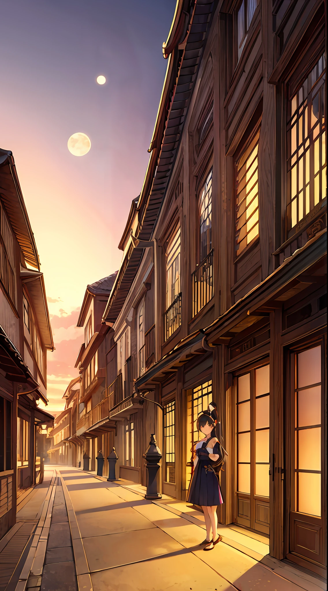 masterpiece,bestquality,highlydetailed,ultra-detailed,light,pale,romanesque architecture streets,in the palace,in the street,on a hill,1girl,orange eyes,yellow sclera,long hair,black hair,Colored inner hair,black_hair,Sidelocks,high ponytail,ponytail,medium breasts,flower ribbon,by the moon,in misty onsen,on the beach,beautiful purple sunset at beach