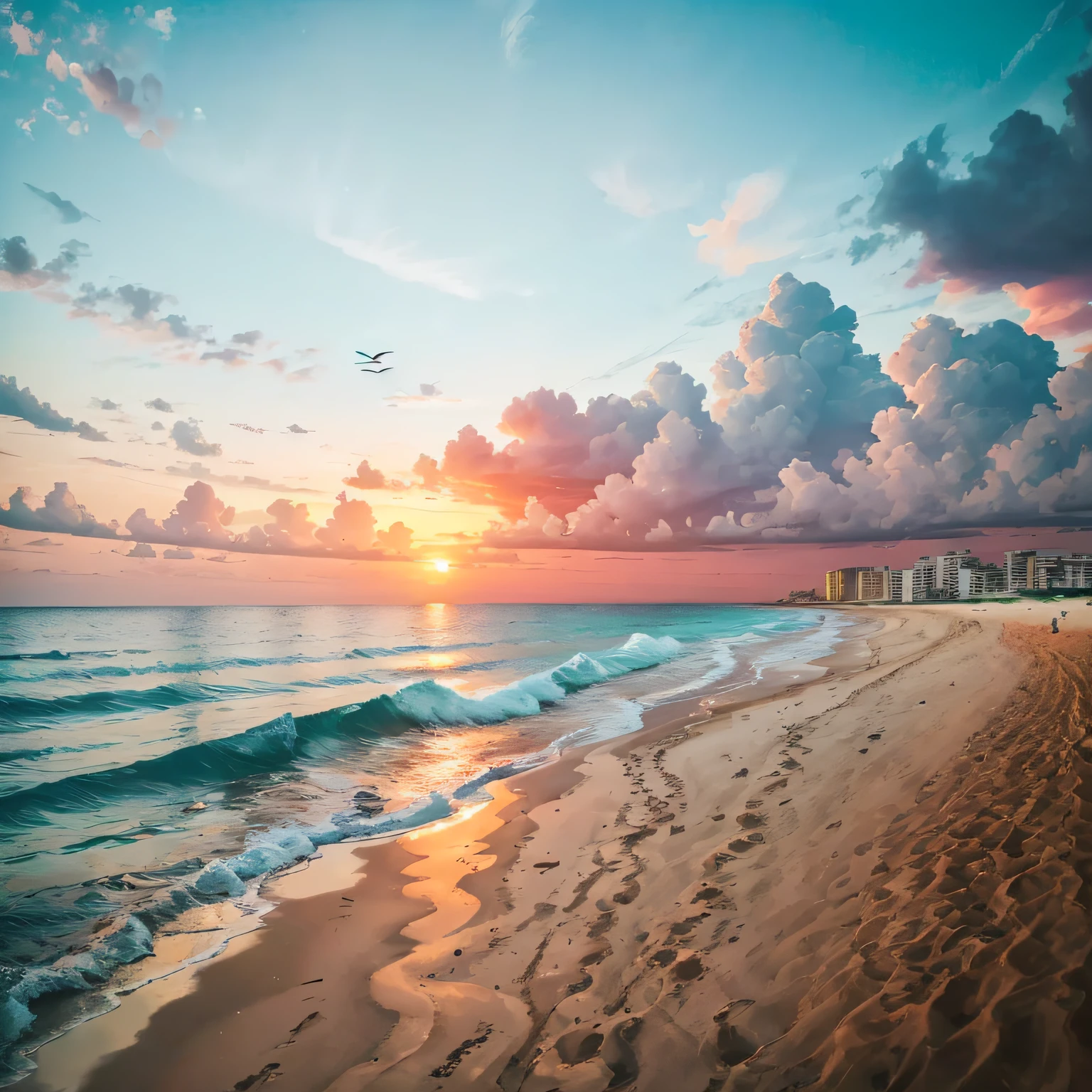 (Gentle beach feeling+A wonderful match for sunsets),The coastline is clear,Transparent seawater,Long sandy beach, palmeiras,birds,Skyline Arc,Gentle sea breeze,Still picture+(actionpacked:0.9),peacful,comfortable. --auto
