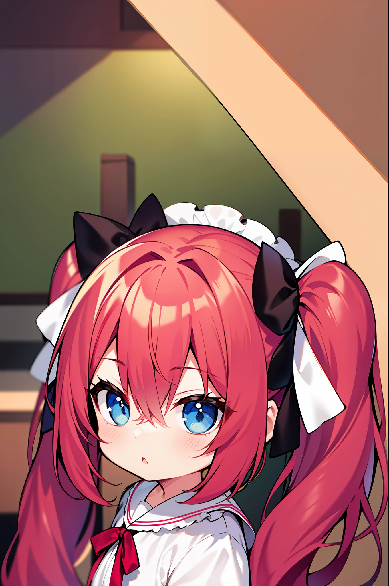 Red hair, blue eyes, long hair, loli,twintails,sassy loli,cheey loli,mesugaki,little girl,hair between eyes,lolita,sassy loli,