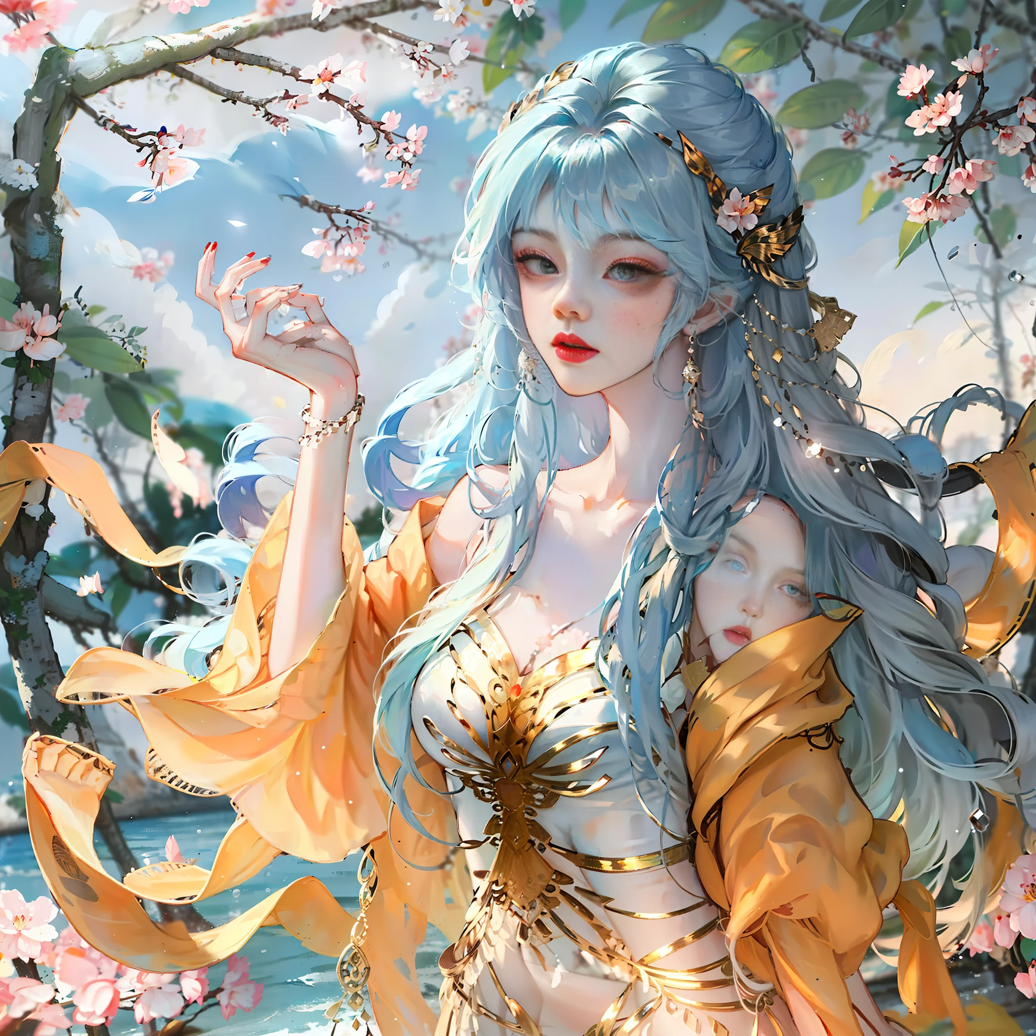 Has blue hair，Ancient wind,full bodyesbian，  A beautiful woman in period costume，A pair of slender legs, Barefoot，Standing in the lake in the peach blossom forest，