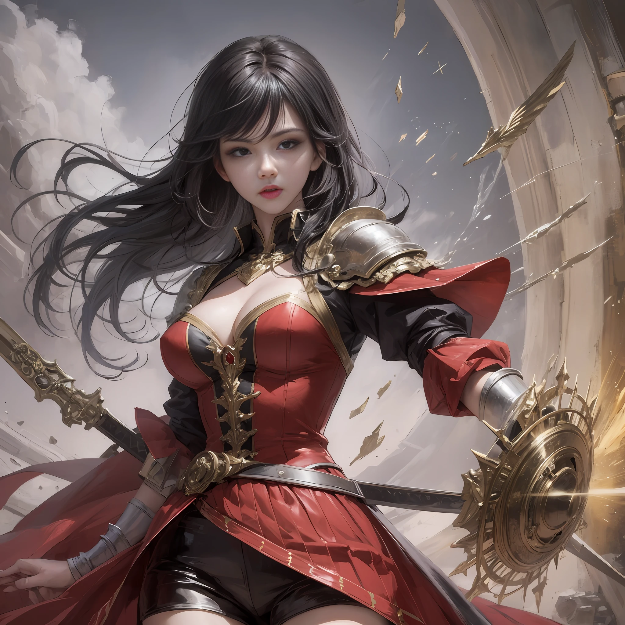 s girl，full-body portraits，closeup cleavage，detailed meticulous，Extremely delicate，Combat posture，Hold the sword in your left hand，Point forward，Holding a round shield in his right hand，Hang by his side，Black hair flowing， Red and black clothes，tmasterpiece，Wallpapers，Excellent texture